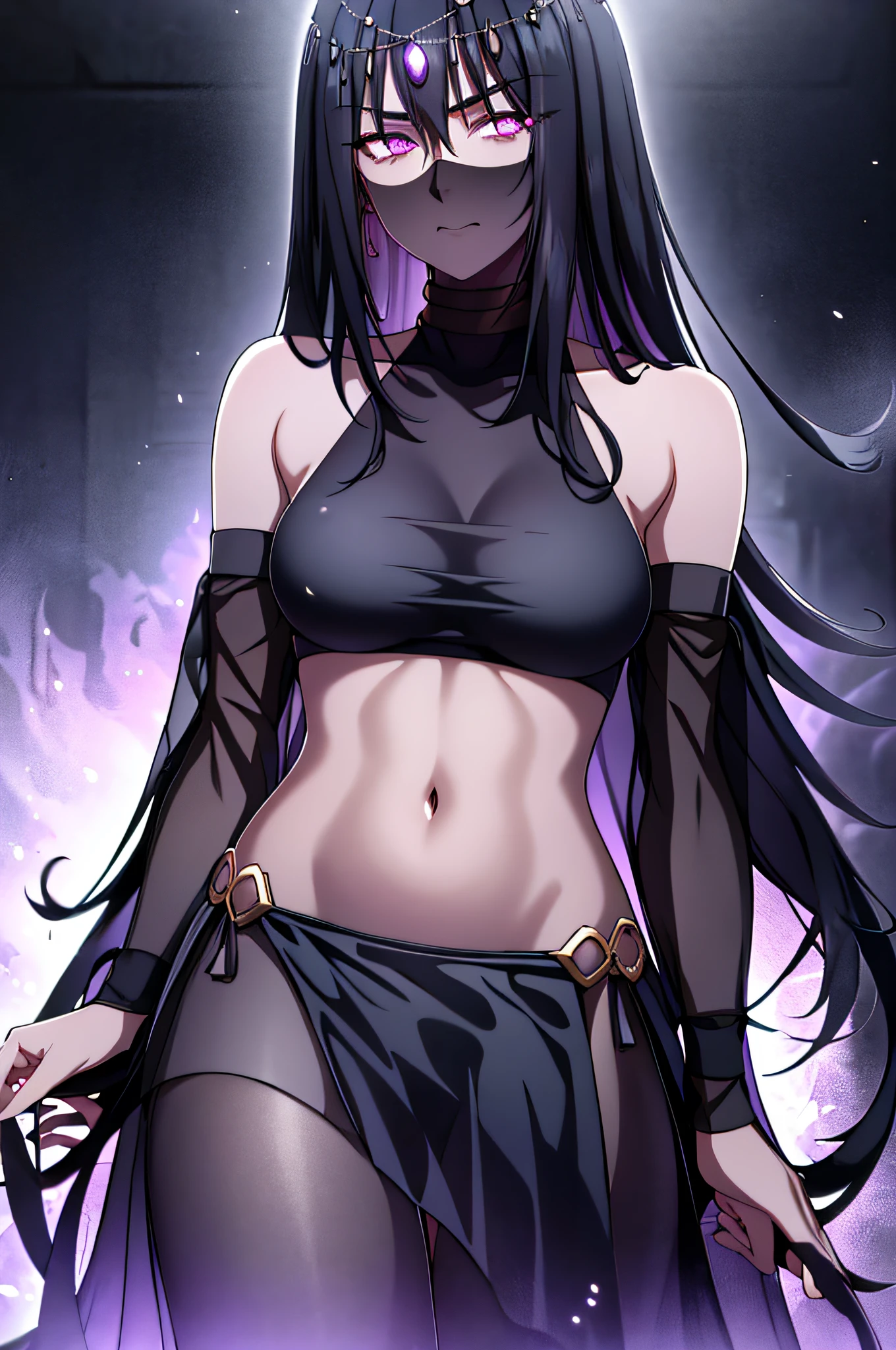 black shiny hair,purple eyes,glowing eyes,shadows beneath eyes,long hair,half closed eyes,bare midriff,navel,ferronnières,black transparent veil,black slaveless top,black velvet hip scarf,golden nec