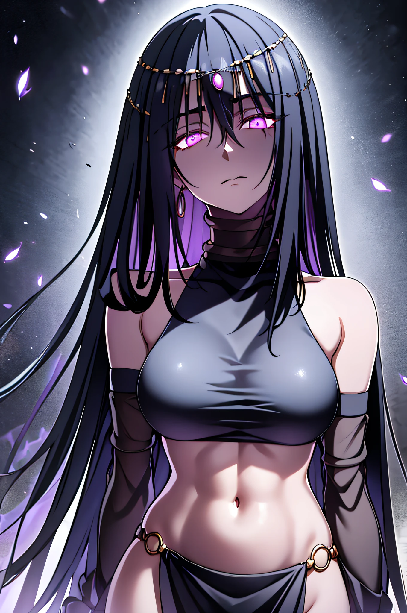 black shiny hair,purple eyes,glowing eyes,shadows beneath eyes,long hair,half closed eyes,bare midriff,navel,ferronnières,black transparent veil,black slaveless top,black velvet hip scarf,golden nec