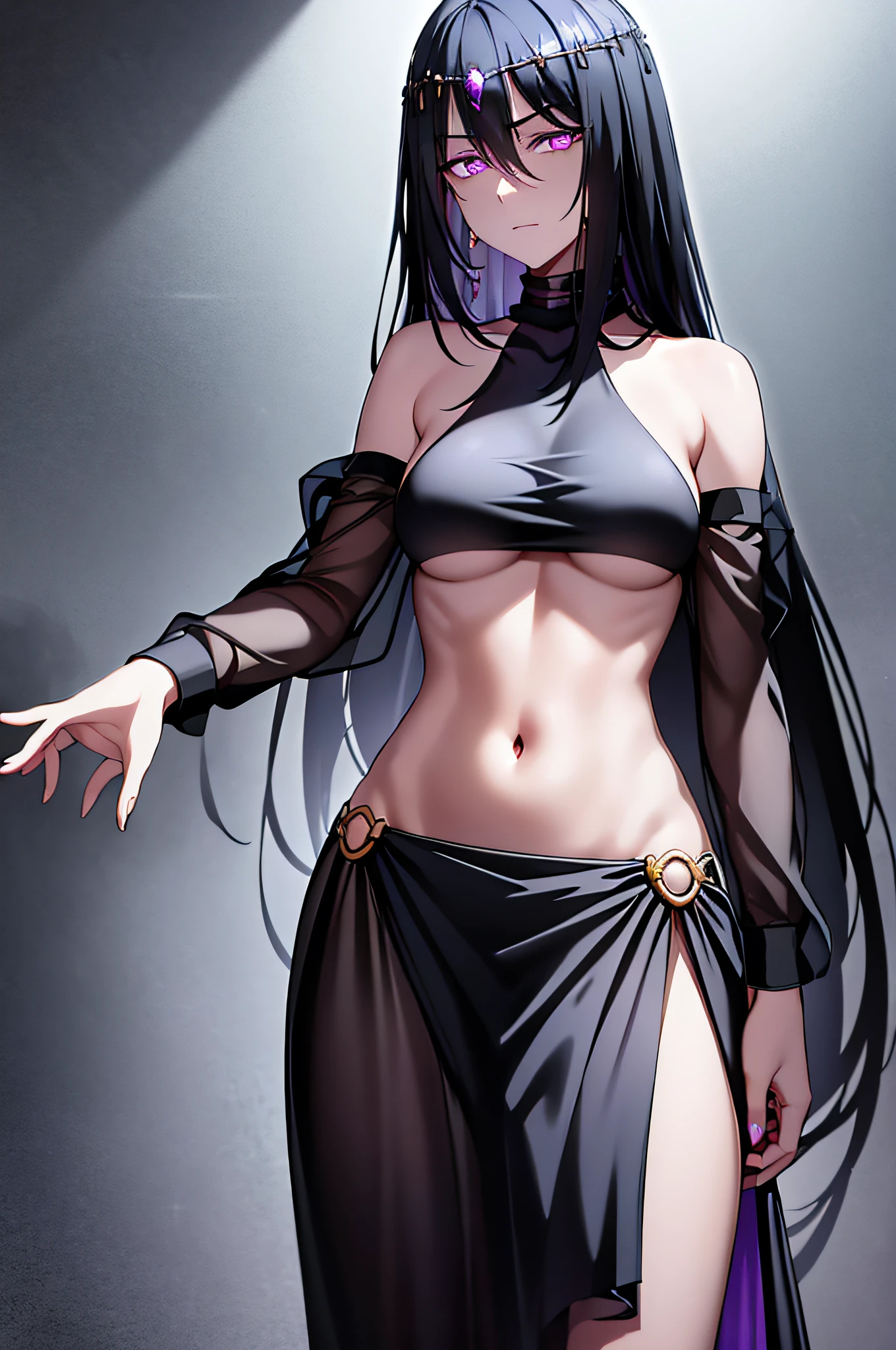 black shiny hair,purple eyes,glowing eyes,shadows beneath eyes,long hair,half closed eyes,bare midriff,navel,ferronnières,black transparent veil,black slaveless top,black velvet hip scarf,golden nec