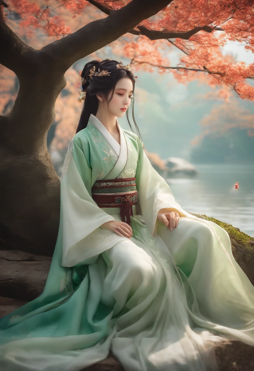 Hanfu, (Ru_Qun), arbre, mare, cheveux blancs, Yeux verts, Nahida_Genshin, enfant, Masterpiece, Best quality