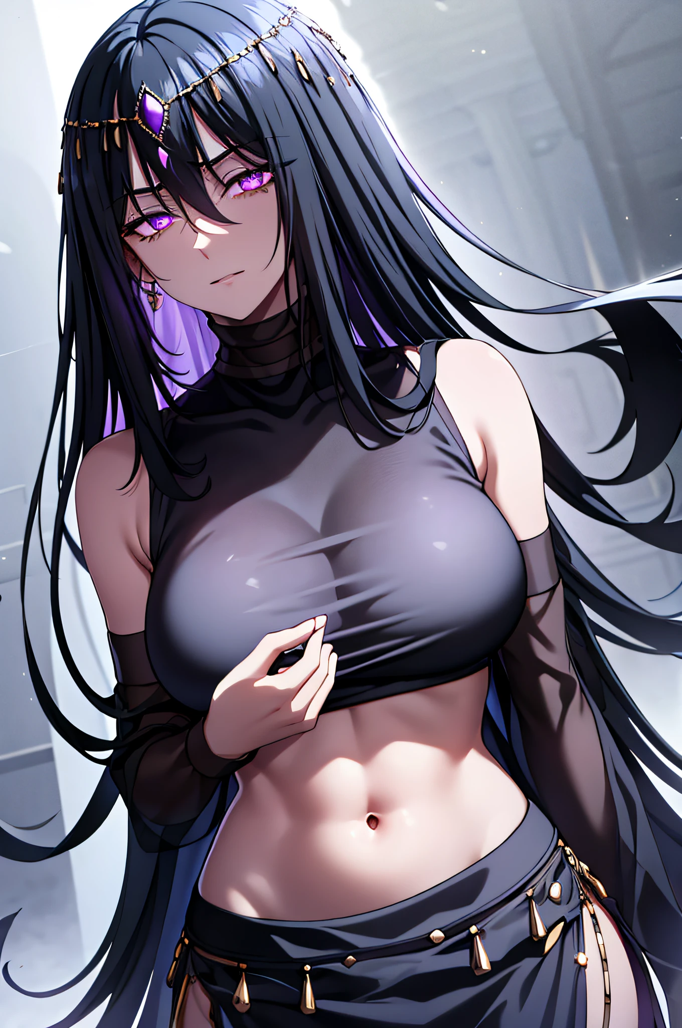 black shiny hair,purple eyes,glowing eyes,shadows beneath eyes,long hair,half closed eyes,bare midriff,navel,ferronnières,black transparent veil,black slaveless top,black velvet hip scarf,golden nec