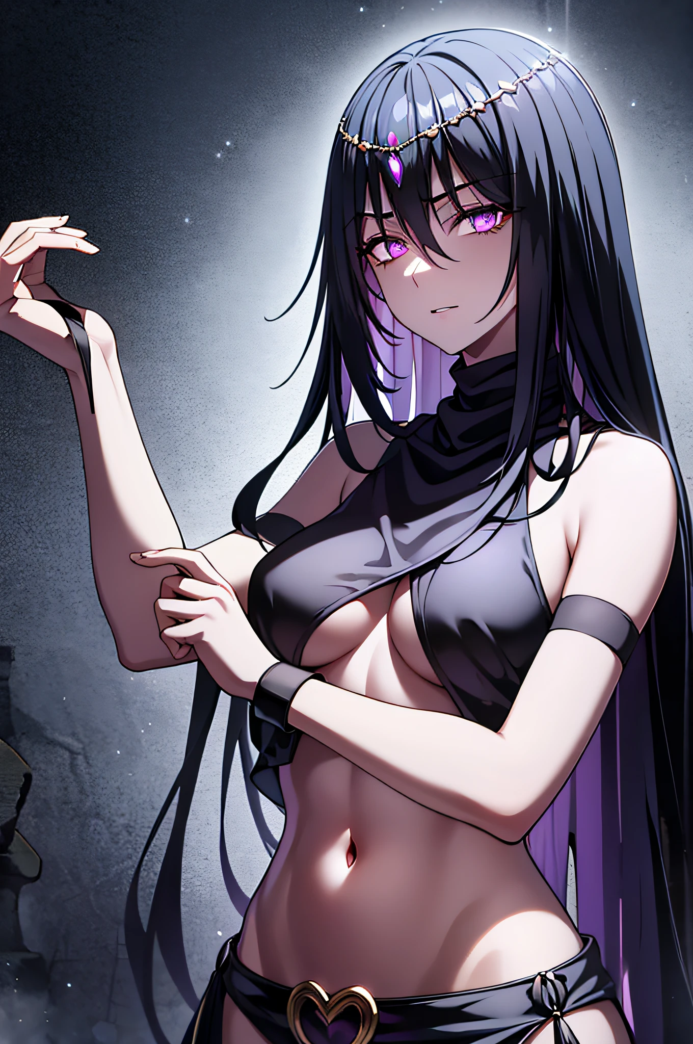 black shiny hair,purple eyes,glowing eyes,shadows beneath eyes,long hair,half closed eyes,bare midriff,navel,ferronnières,black transparent veil,black slaveless top,black velvet hip scarf,golden nec