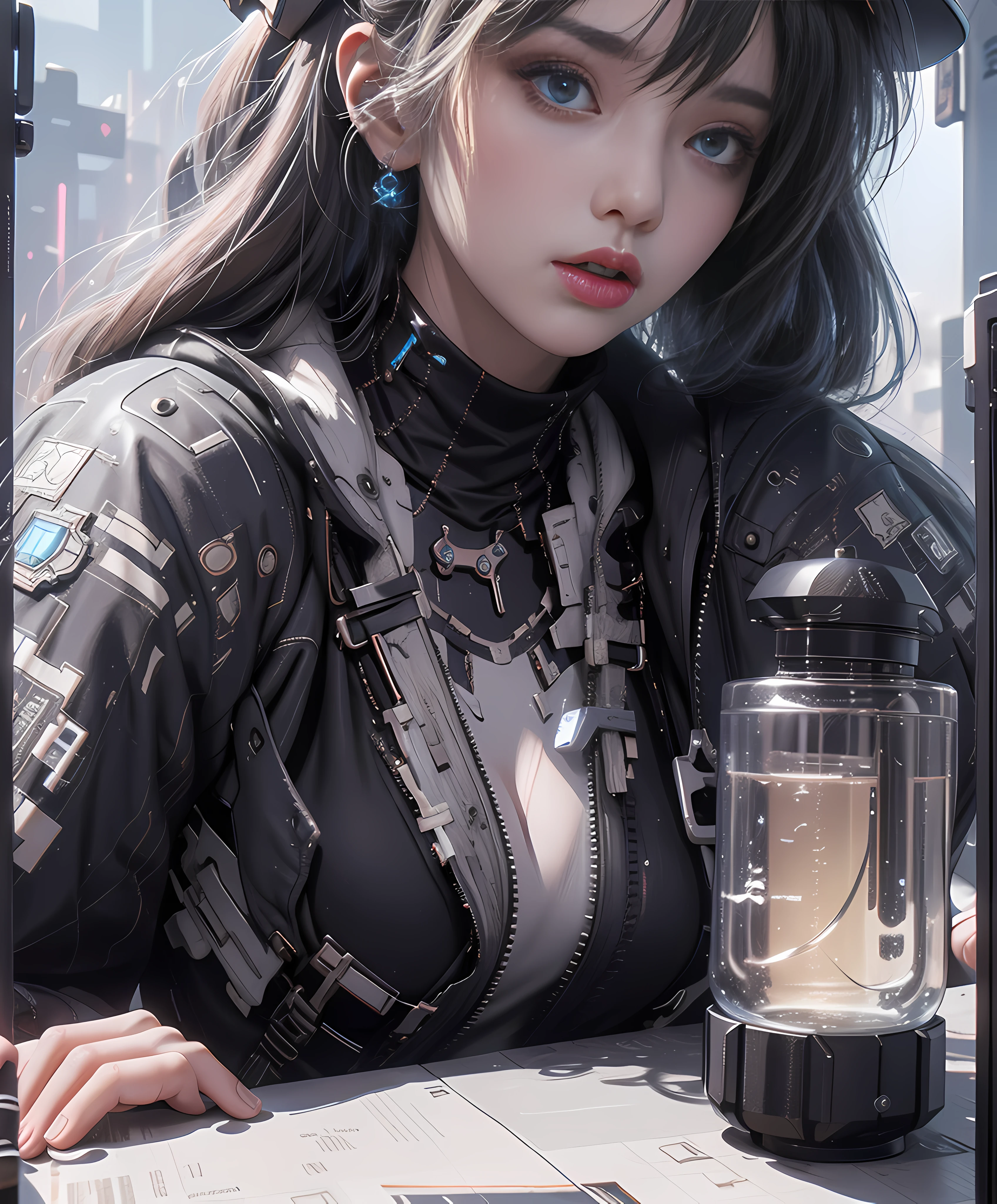 Unity 8k壁纸,((best qualtiy)), ((tmasterpiece)), (the detail:1.4), 。.。.3D, A beautiful cyberpunk female image,hdr(HighDynamicRange),Ray traching,NVIDIA RTX,Hyper-Resolution,Unreal 5,Subsurface scattering、PBR Texture、post-proces、Anisotropy Filtering、depth of fields、maximum definition and sharpness、Many-Layer Textures、Albedo e mapas Speculares、Surface coloring、Accurate simulation of light-material interactions、perfectly proportions、rendering by octane、Two-colored light、largeaperture、Low ISO、White balance、the rule of thirds、8K raw data、(Pat the upper body,closeup of face,Side face,The accessories are gorgeous)Cyberpunk sci-fi style,Black and white dominant color clothing,Blue luminous decoration