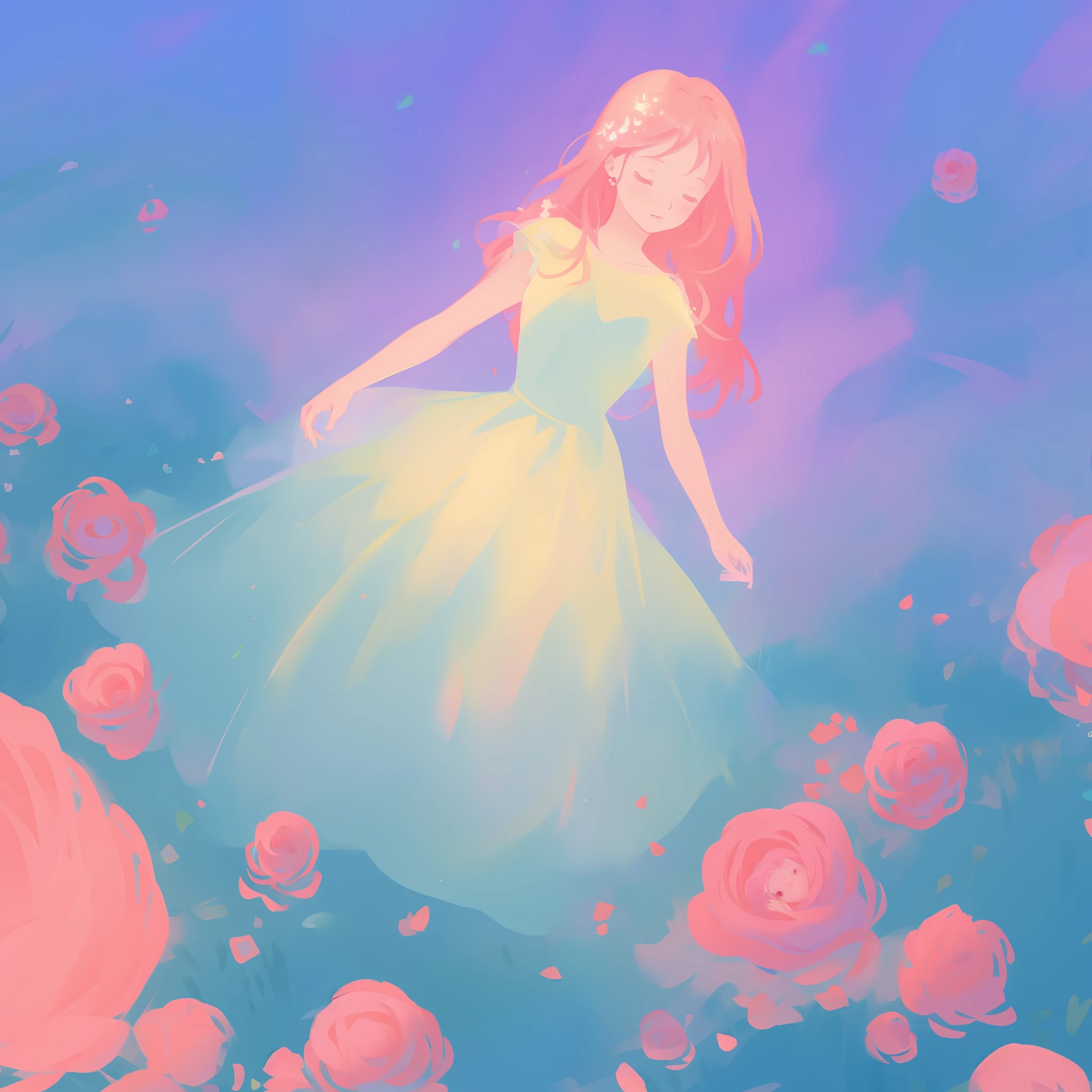 beautiful girl in puffy white ballgown, a field with circular pink red flowers, otherworldly flowers, glowing lights, whimsical landscape, long pink flowing hair, watercolor illustration, inspired by Glen Keane, inspired by Lois van Baarle, disney art style, by Lois van Baarle, glowing aura around her, by Glen Keane, jen bartel, glowing lights! digital painting, flowing glowing hair, glowing flowing hair, beautiful digital illustration, fantasia otherworldly landscape plants flowers, beautiful, masterpiece, best quality, anime disney style