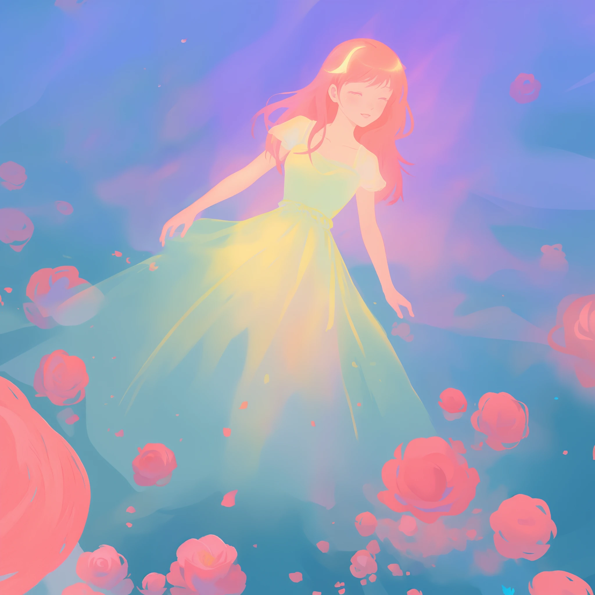 beautiful girl in puffy white ballgown, a field with circular pink red flowers, otherworldly flowers, glowing lights, whimsical landscape, long pink flowing hair, watercolor illustration, inspired by Glen Keane, inspired by Lois van Baarle, disney art style, by Lois van Baarle, glowing aura around her, by Glen Keane, jen bartel, glowing lights! digital painting, flowing glowing hair, glowing flowing hair, beautiful digital illustration, fantasia otherworldly landscape plants flowers, beautiful, masterpiece, best quality, anime disney style