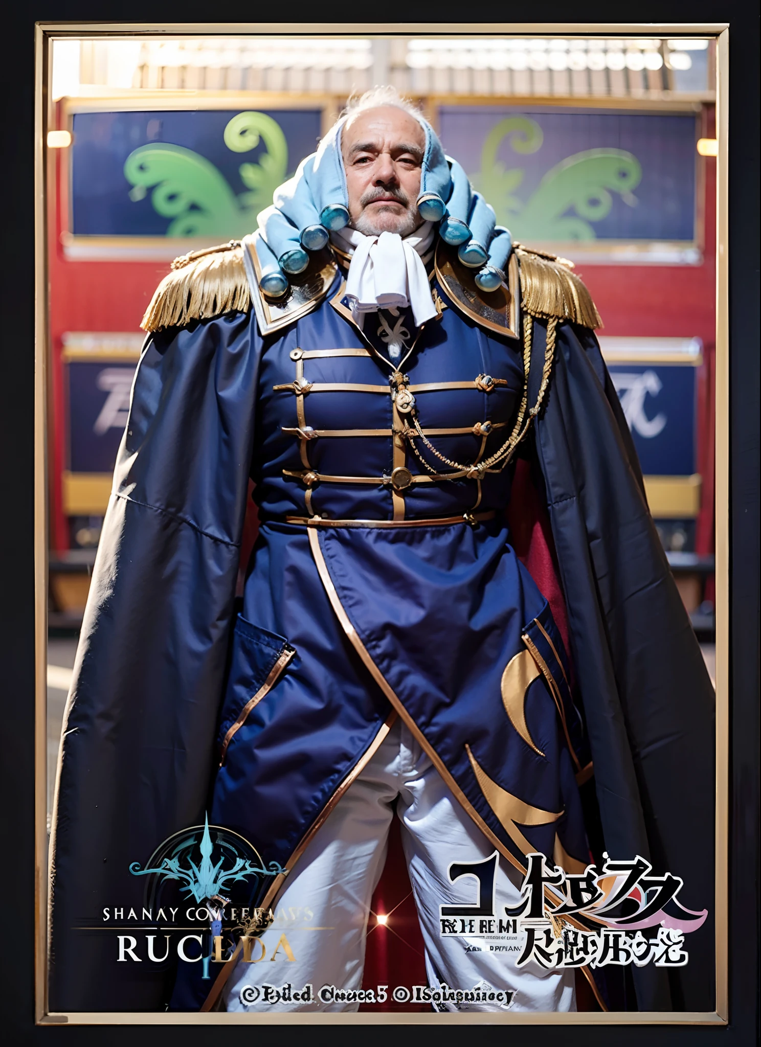 um personagem masculino, com ideda de 55 anos, cabelos brancos estilo perucas medievais, capa preta com ombreiras douradas, terno azul com detalhes dourados, White Neck Scarf, white pant