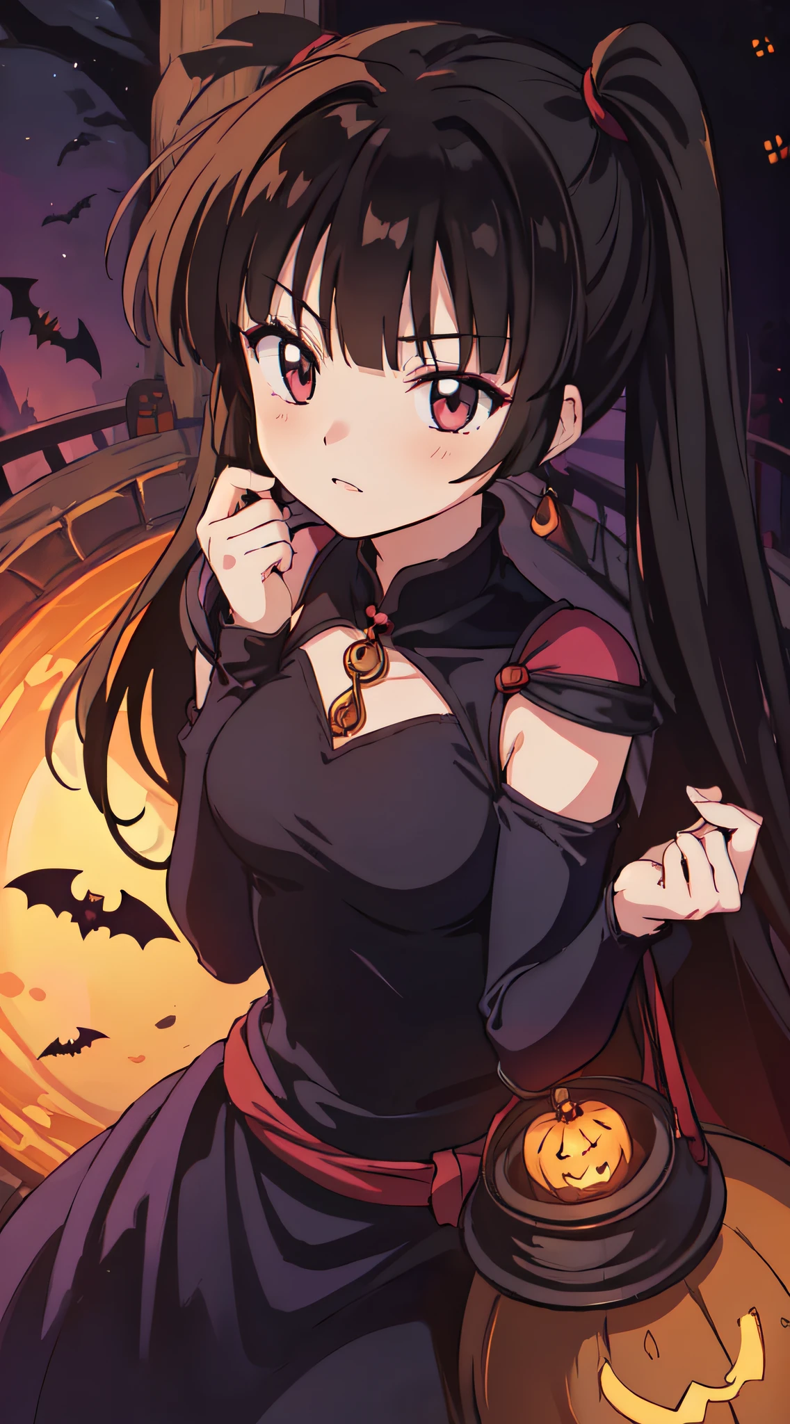 masterpiece, best quality, 1 girl, solo, Sango, halloween background, halloween dress, witch, bats, evil pumpkins