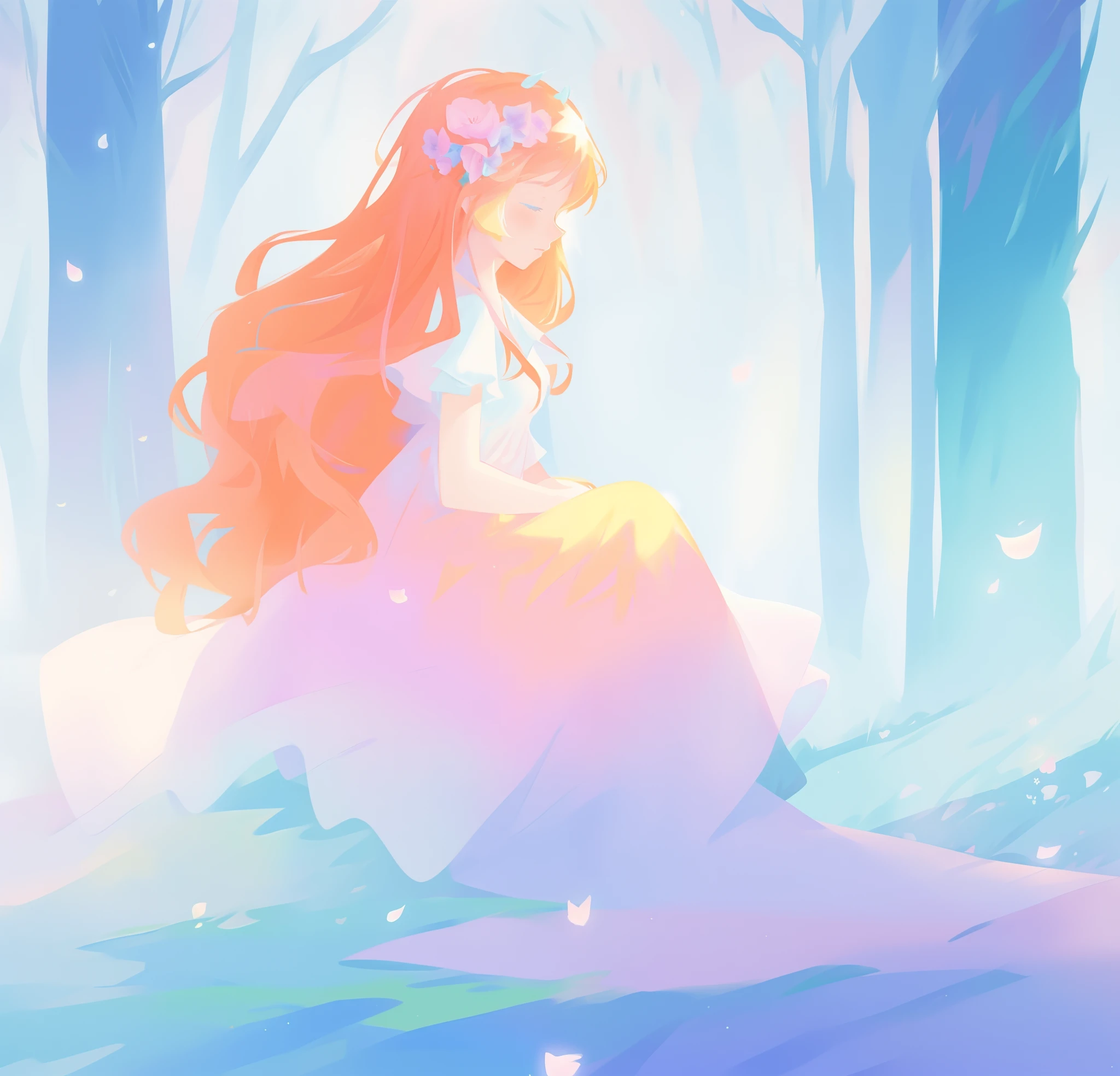 beautiful girl in flowing dress sitting in a forest, winter forest background, long golden pink hair, white blue and purple color background, watercolor illustration, inspired by Glen Keane, inspired by Lois van Baarle, disney art style, by Lois van Baarle, glowing aura around her, by Glen Keane, jen bartel, glowing lights! digital painting, flowing glowing hair, glowing flowing hair, beautiful digital illustration, fantasia otherworldly landscape plants flowers, beautiful, masterpiece, best quality, anime disney style