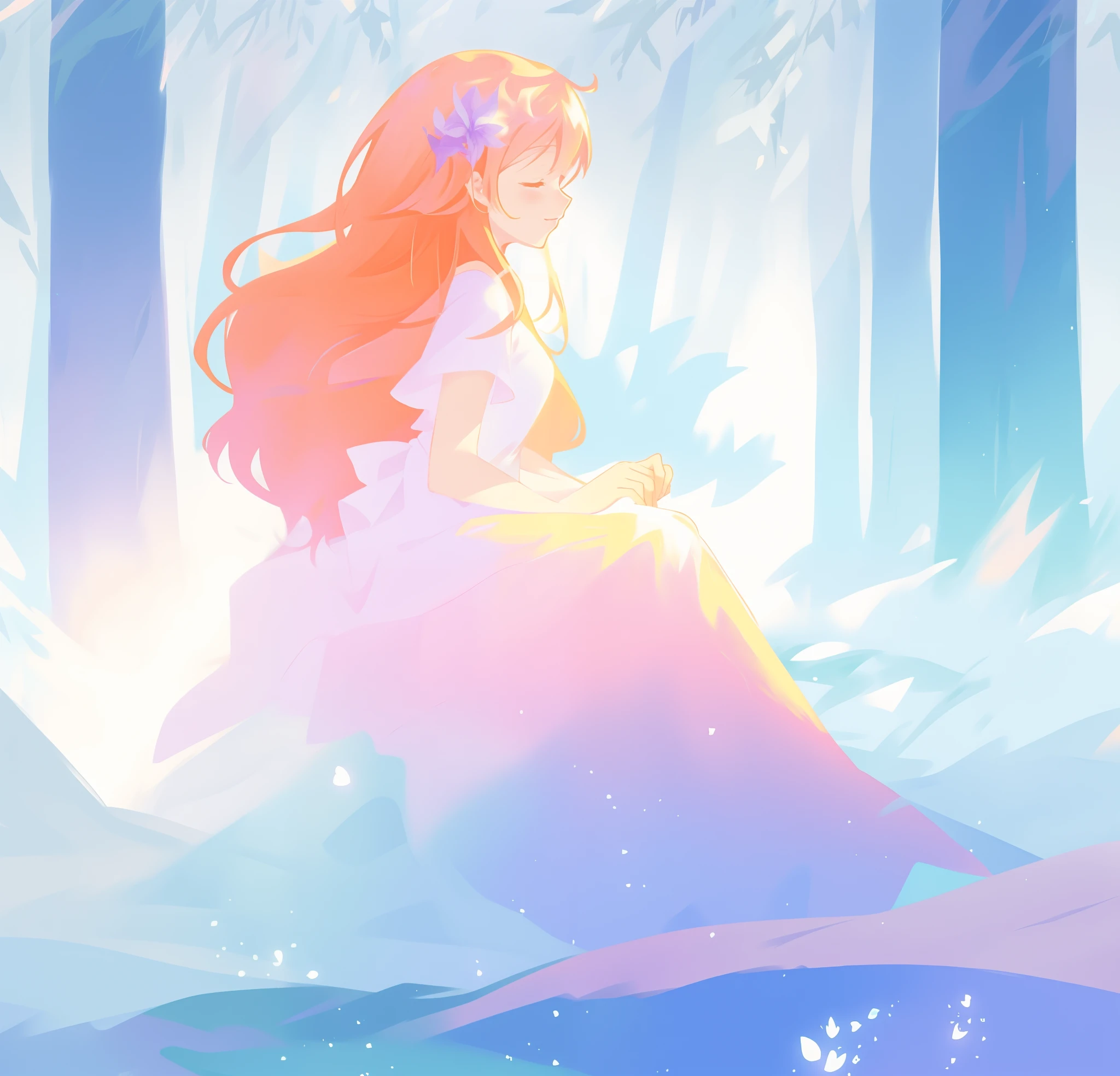beautiful girl in flowing dress sitting in a forest, winter forest background, long golden pink hair, white blue and purple color background, watercolor illustration, inspired by Glen Keane, inspired by Lois van Baarle, disney art style, by Lois van Baarle, glowing aura around her, by Glen Keane, jen bartel, glowing lights! digital painting, flowing glowing hair, glowing flowing hair, beautiful digital illustration, fantasia otherworldly landscape plants flowers, beautiful, masterpiece, best quality, anime disney style
