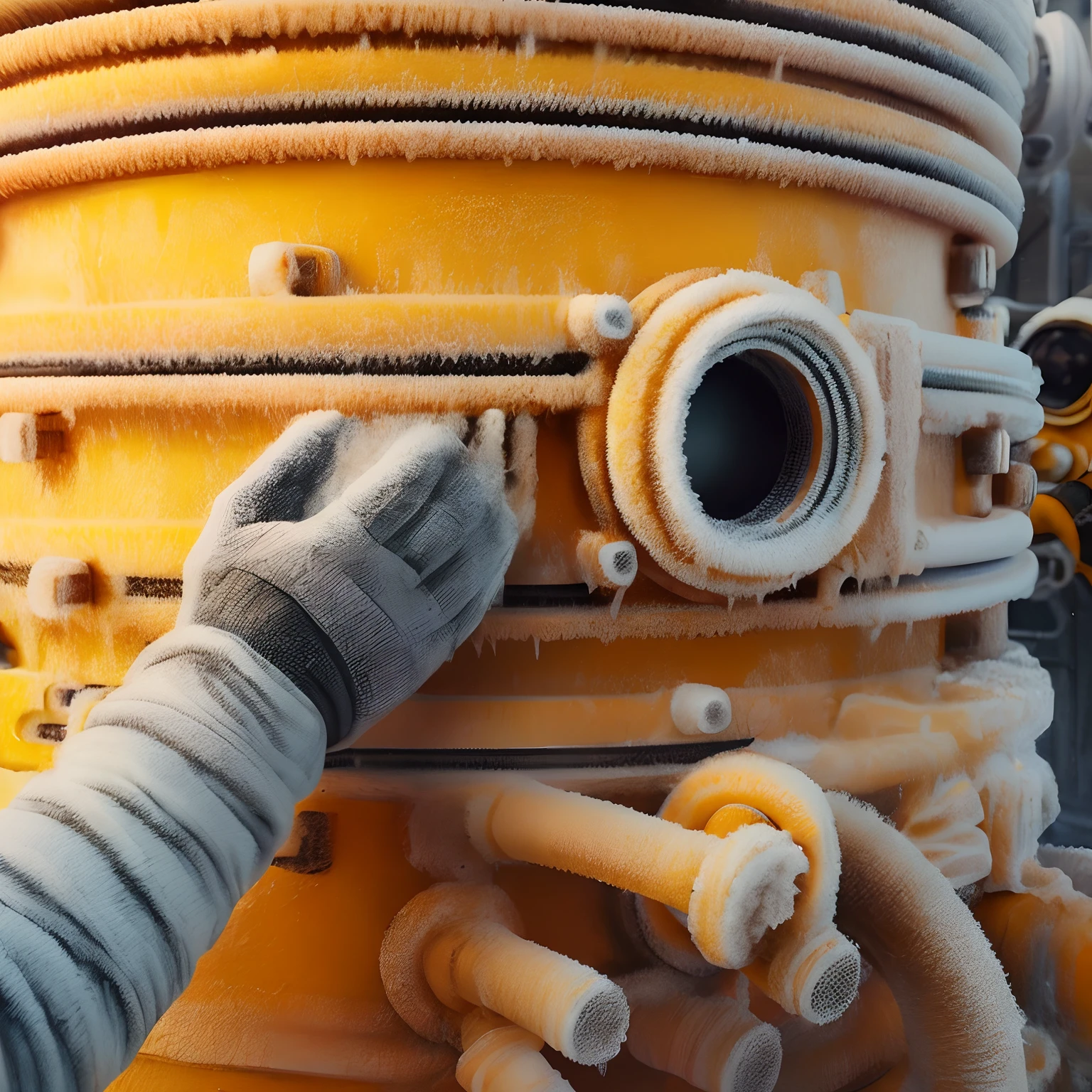 a close up of a gloved hand putting a hose on a yellow fire hydrant, beeple. hyperrealism, inspired by Filip Hodas, inspired by Beeple, realism | beeple, beeple |, beeple and mike winkelmann, beeple colors, beeple daily art, beeple!!