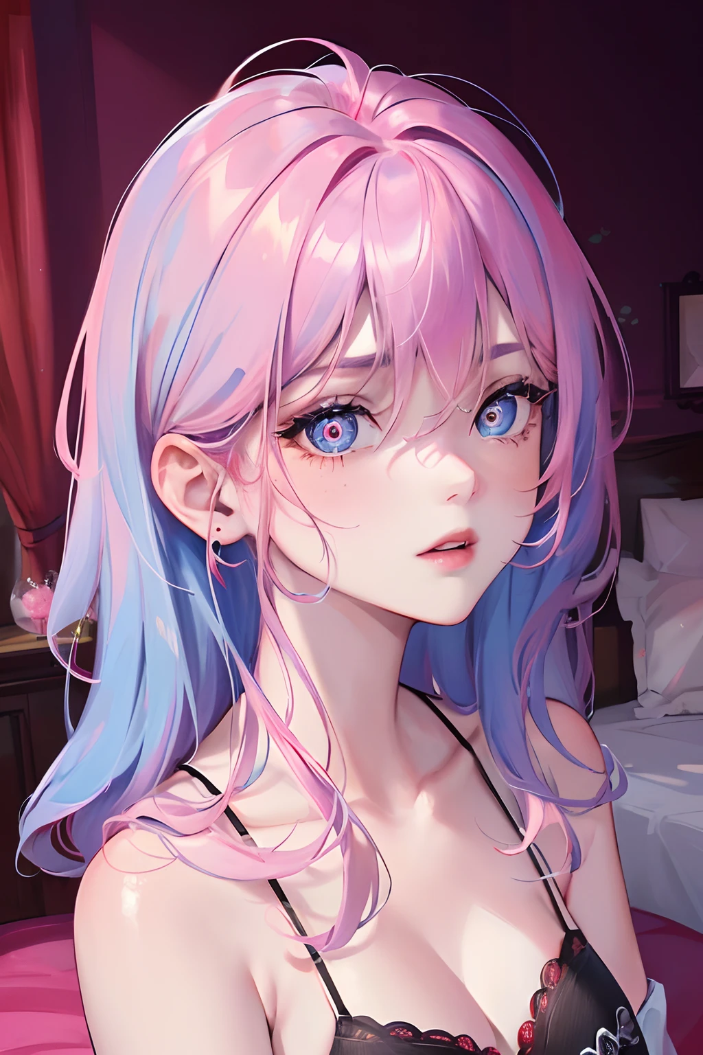 Masterpiece, Best quality, pink lighting, 1 girl, ,Grim expression,((Blue hair:1)), Light pink lips, ((red pupils)),(High quality eyes),(premium photography),High picture quality,8K,((background bedroom))