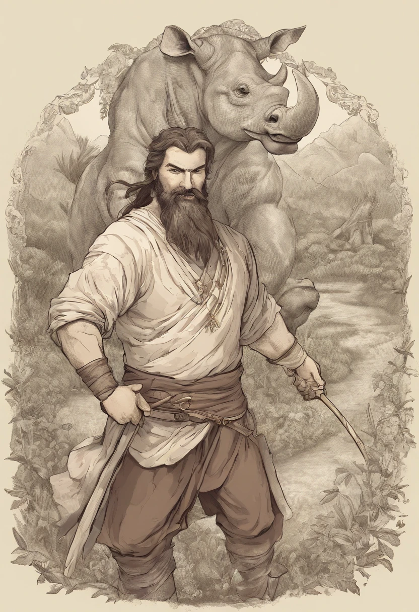 Marco Polo pointing behind him, explorer, traveler, funny, humorous, highly detailed, rhino in the background, majestic, beautiful, detailed, animal, defined proportional, grassy background, highly detailed