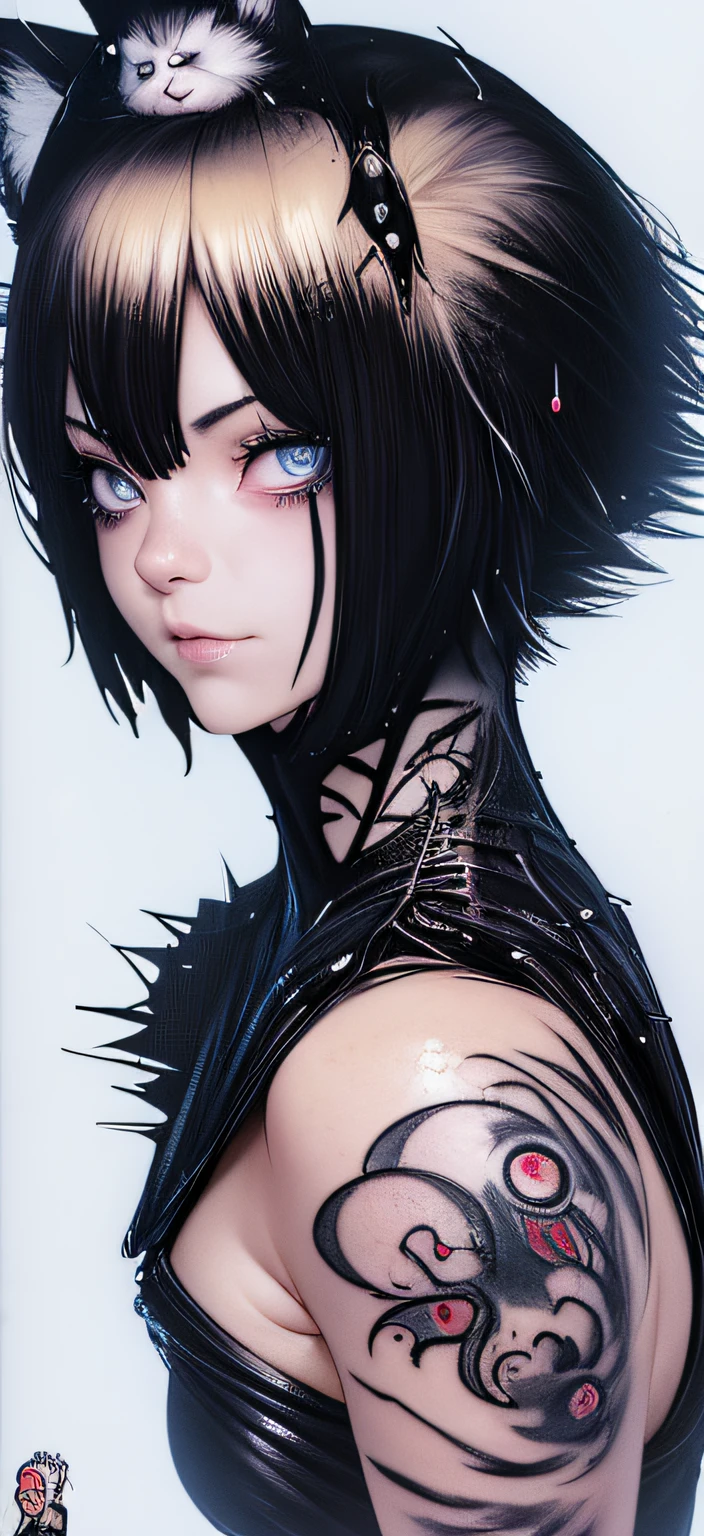 19 year old girl, black spiderman venom suit, short blunt hair blonde big eyes neon blue, pretty face rain, roof, ((on her head touches reaper style, masterpiece fox skin)) cracked details ( (tattoo marked face cut of cute kitten without its face)) perfect anatomy, Big bright bloody moon in the background (((death note manga style)))