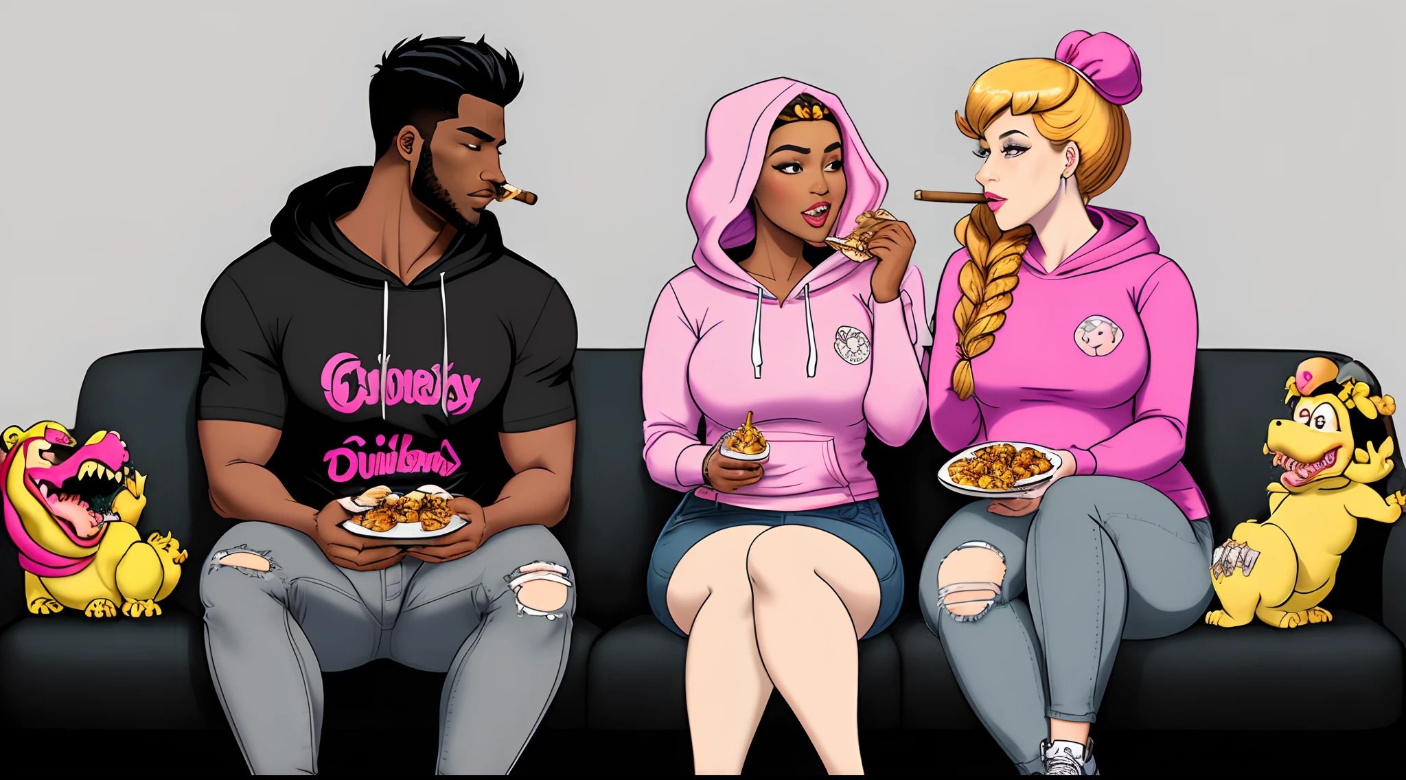 curvy brown skinned female with long braids wearing a pink and black hoodie, black jeans with rips in the thighs and pink and black sneakers and a cigar in one hand, sitting on a dark skinned Bowser lap on a black couch. bowser is wearing a blue and grey polo shirt and black jeans with blue and grey sneakers. princess peach is feeding him dumplings with chopsticks. a black and grey sparkly background