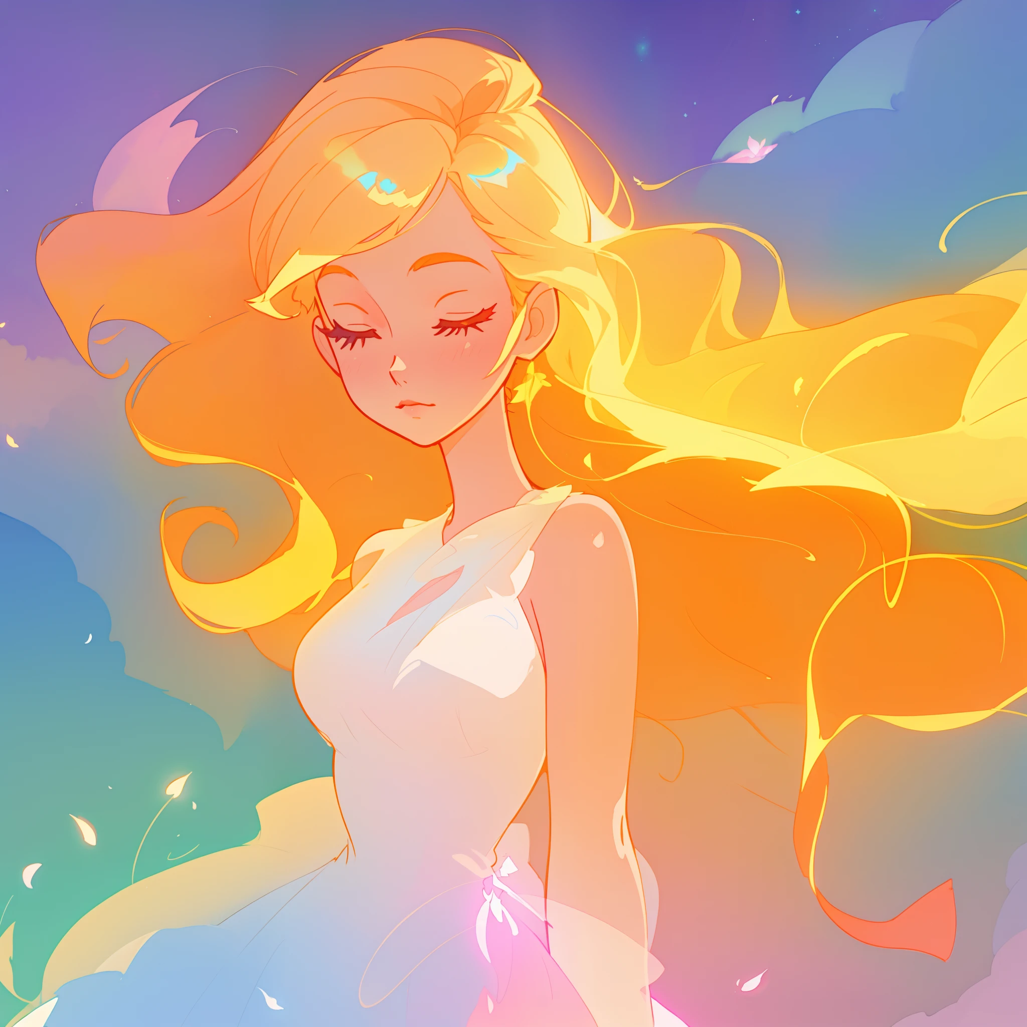 beautiful girl in white dress, fairy dress, long golden hair, watercolor illustration, inspired by Glen Keane, inspired by Lois van Baarle, disney art style, by Lois van Baarle, glowing aura around her, by Glen Keane, jen bartel, glowing lights! digital painting, flowing glowing hair, glowing flowing hair, beautiful digital illustration, fantasia otherworldly landscape plants flowers, beautiful, masterpiece, best quality, anime disney style