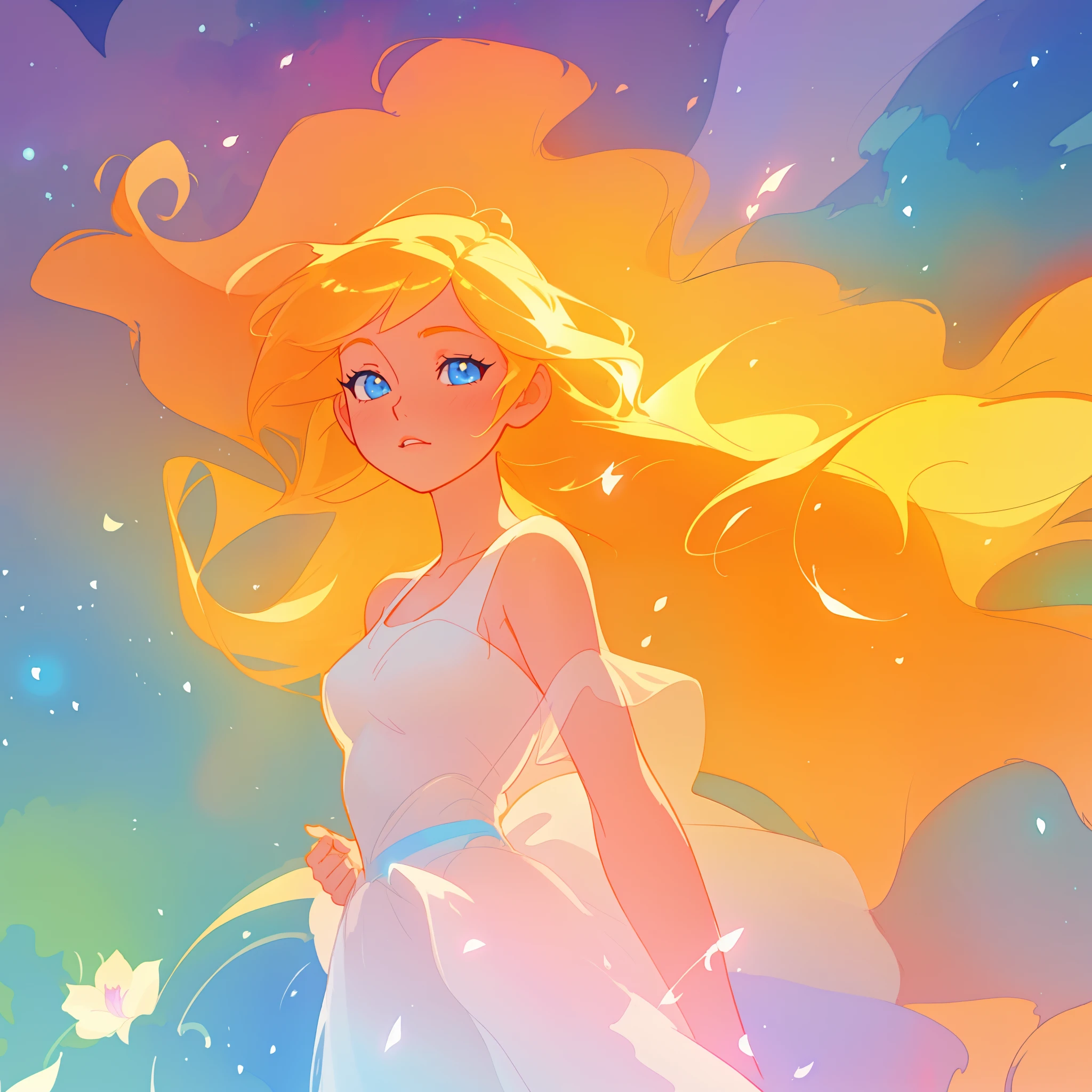 beautiful girl in white dress, fairy dress, long golden hair, watercolor illustration, inspired by Glen Keane, inspired by Lois van Baarle, disney art style, by Lois van Baarle, glowing aura around her, by Glen Keane, jen bartel, glowing lights! digital painting, flowing glowing hair, glowing flowing hair, beautiful digital illustration, fantasia otherworldly landscape plants flowers, beautiful, masterpiece, best quality, anime disney style