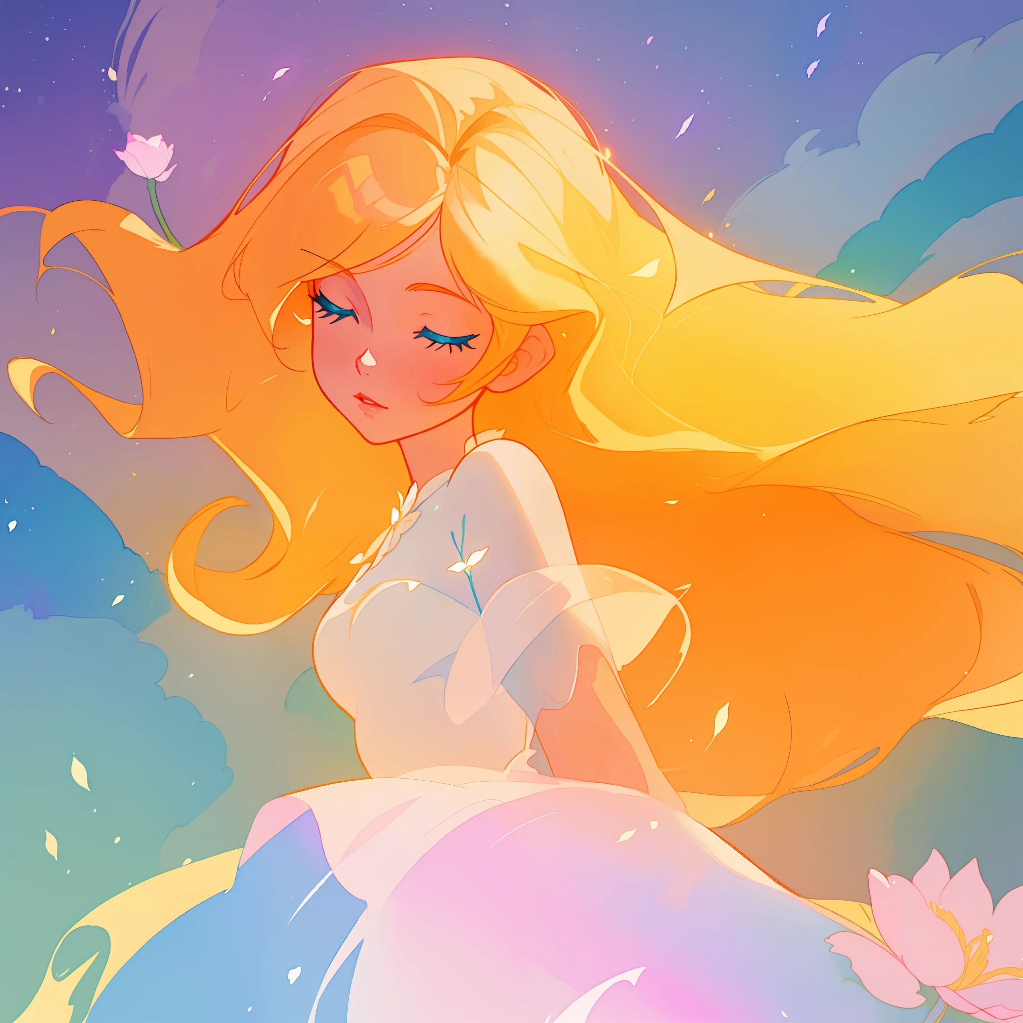 beautiful girl in white dress, fairy dress, long golden hair, watercolor illustration, inspired by Glen Keane, inspired by Lois van Baarle, disney art style, by Lois van Baarle, glowing aura around her, by Glen Keane, jen bartel, glowing lights! digital painting, flowing glowing hair, glowing flowing hair, beautiful digital illustration, fantasia otherworldly landscape plants flowers, beautiful, masterpiece, best quality, anime disney style
