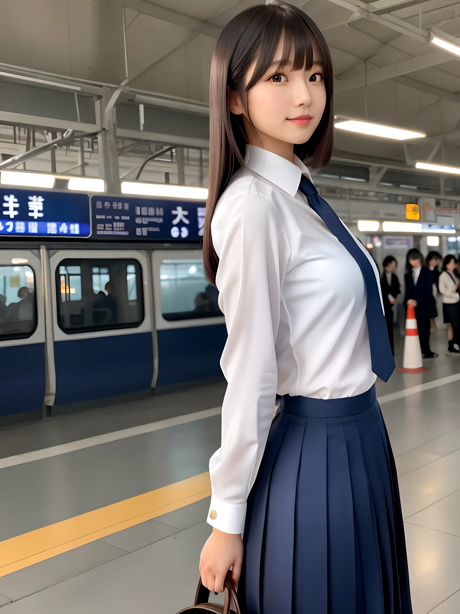 product quality, 1girl, upper body shot, front view, a Japanese young pretty woman, long bob hair, standing with a big smile on a platform in a crowded station in the sunset, a school bag over her shoulder, glamorous figure, wearing a long sleeve white collared silky satin shirt with shiny satin dark blue plain long tie, wearing a dark blue pleated long skirt, hyper cute face, glossy lips, double eyelids in both eyes, natural makeup, long eyelashes, shiny smooth light brown long bob hair, asymmetrical bangs, a tanned skin, central image, high resolution, high detail, detailed hairstyle, detailed face, spectacular cinematic lighting, octane rendering, vibrant, hyper realistic, perfect limbs, perfect ???????