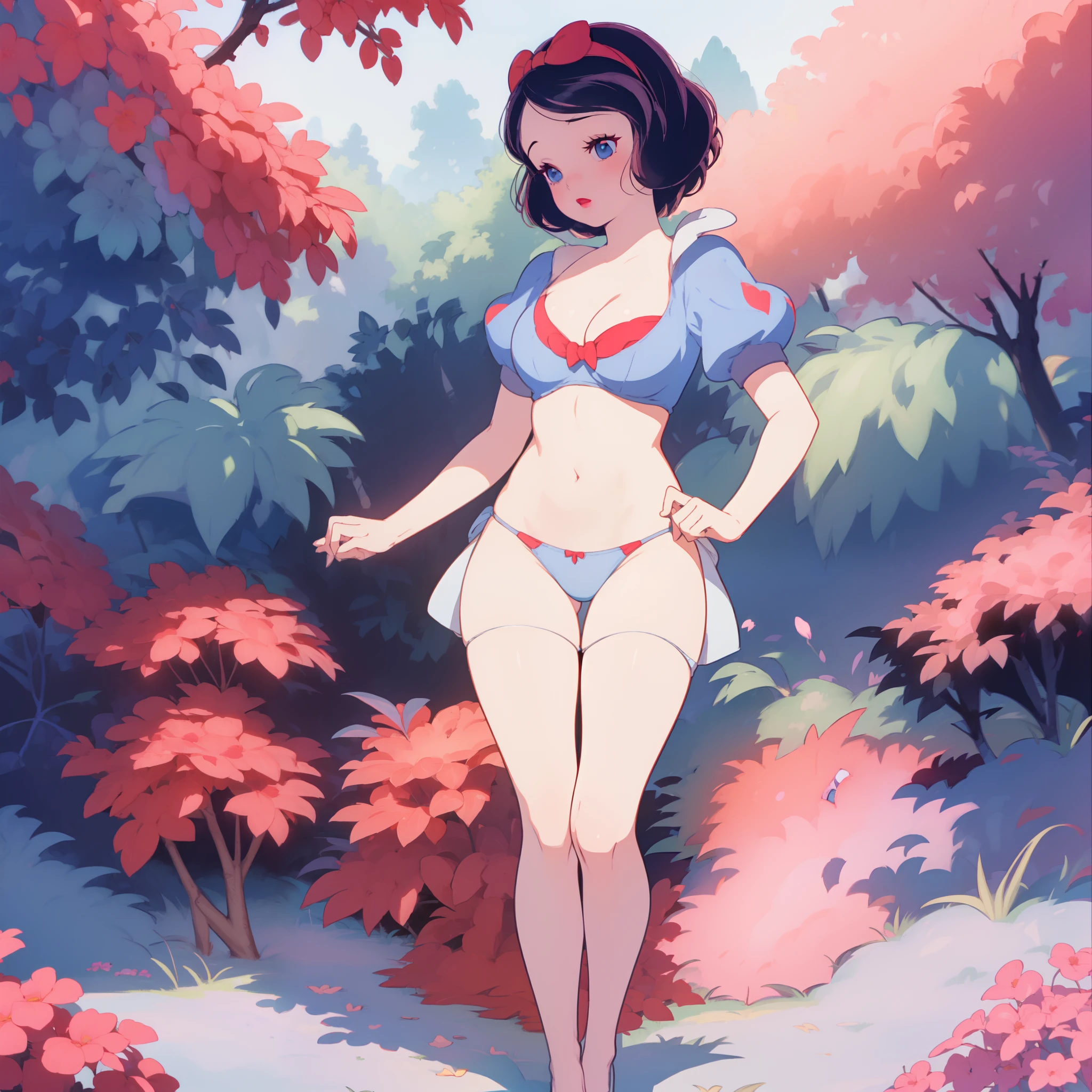 (risograph)  (masterpiece, best quality) ( 1girl, solo ) (full body) snow white, (cleavage) (white panties) modern disney style, cartoon style, red bow, blue eyes, short black hair, big breast beauty、Blue string bikini、tits out、Red cheeks、legs M pose、barechested