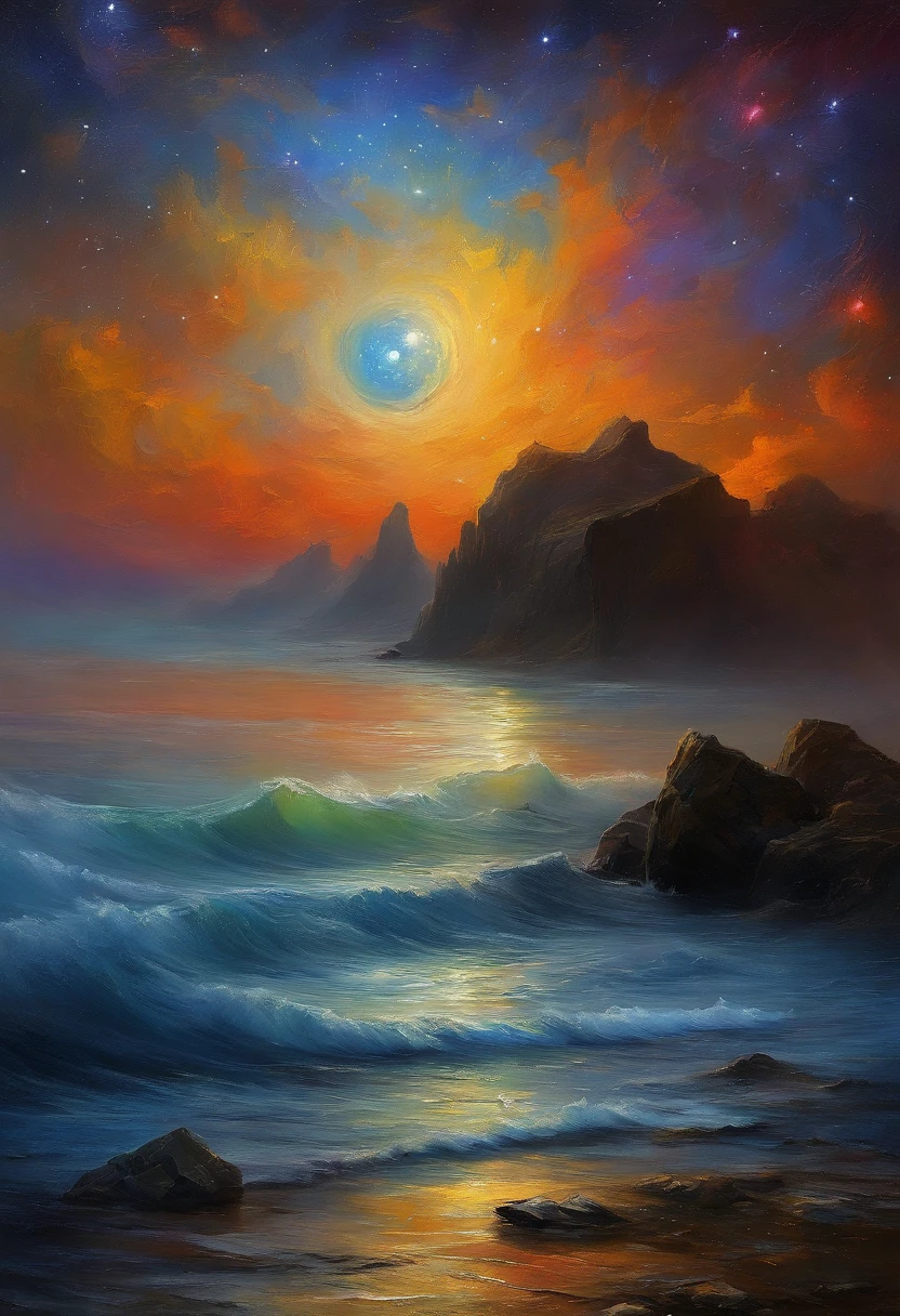 A painting of a sunset over the ocean with rocks and a star - SeaArt AI