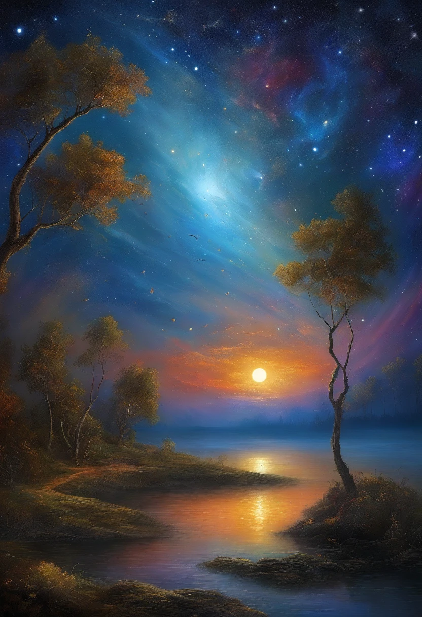 The night sky with the moon and a lot of stars is combined with the ocean，Fine portrayal，Beautiful，glomy，Pubic area is clear，be full of details，epic sense，Colorful，Beautiful sky and clouds，A deep，Dark blue，starlights，The picture is dim，horrid，Impresionismo，ultra-clear，estilo fantasia，scifi style，Monet，davinci，albert.Bierstadt，William.Turner