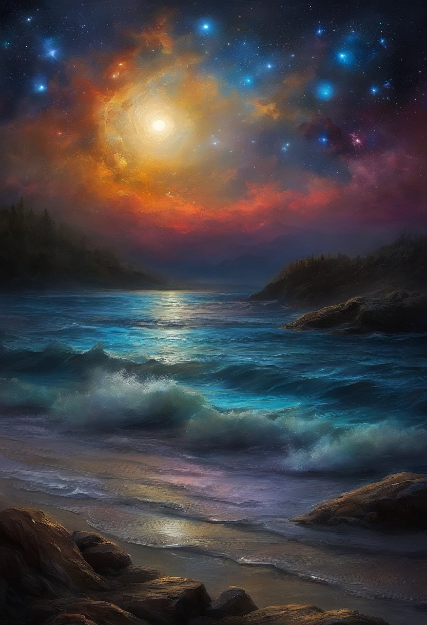 The night sky with the moon and a lot of stars is combined with the ocean，Fine portrayal，Beautiful，glomy，Pubic area is clear，be full of details，epic sense，Colorful，Beautiful sky and clouds，A deep，Dark blue，starlights，The picture is dim，horrid，Impresionismo，ultra-clear，estilo fantasia，scifi style，Monet，davinci，albert.Bierstadt，William.Turner