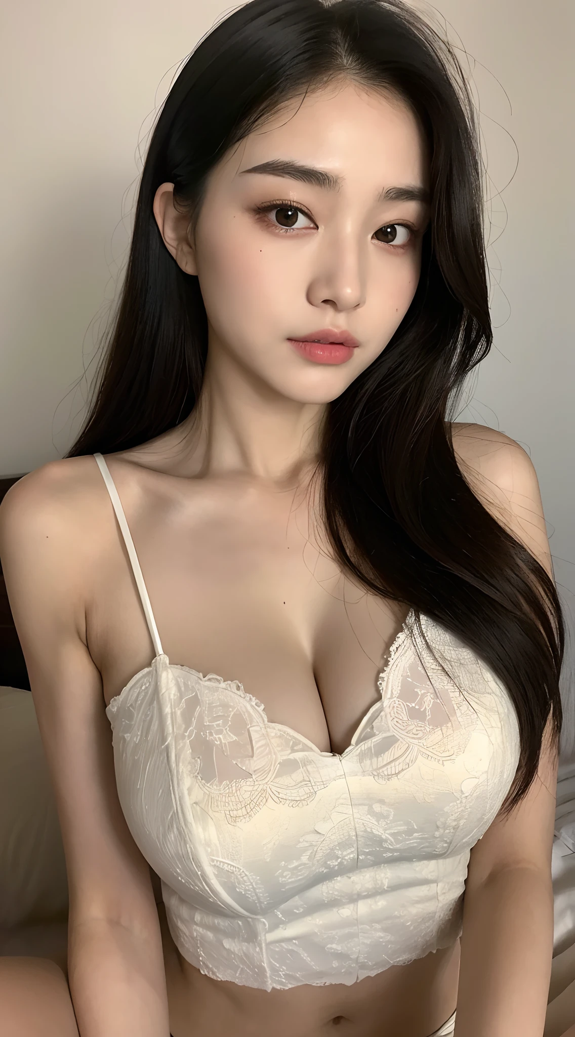 ((Top Quality, 8k, Masterpiece: 1.3)), Beauty, Hide Face, 1 Girl, Beautiful: 1.3, Slender Abs: 1.1, Camisole, Cleavage, Black Hair Long, (While Sitting on the Bed), Ultra Detailed Face, Highly Detailed Lips, Detailed Eyes, Double Eyelids