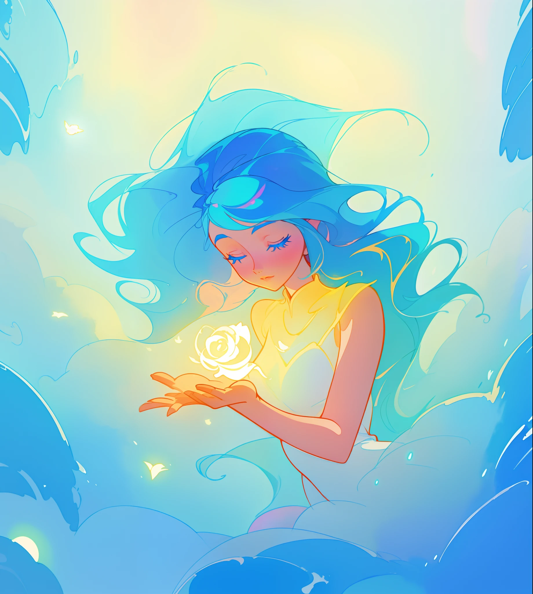 beautiful girl surrounded by liquid light, long wavy blue hair, watercolor illustration, inspired by Glen Keane, inspired by Lois van Baarle, disney art style, by Lois van Baarle, glowing aura around her, by Glen Keane, jen bartel, glowing lights! digital painting, flowing glowing hair, glowing flowing hair, beautiful digital illustration, fantasia otherworldly landscape plants flowers, beautiful, masterpiece, best quality, anime disney style
