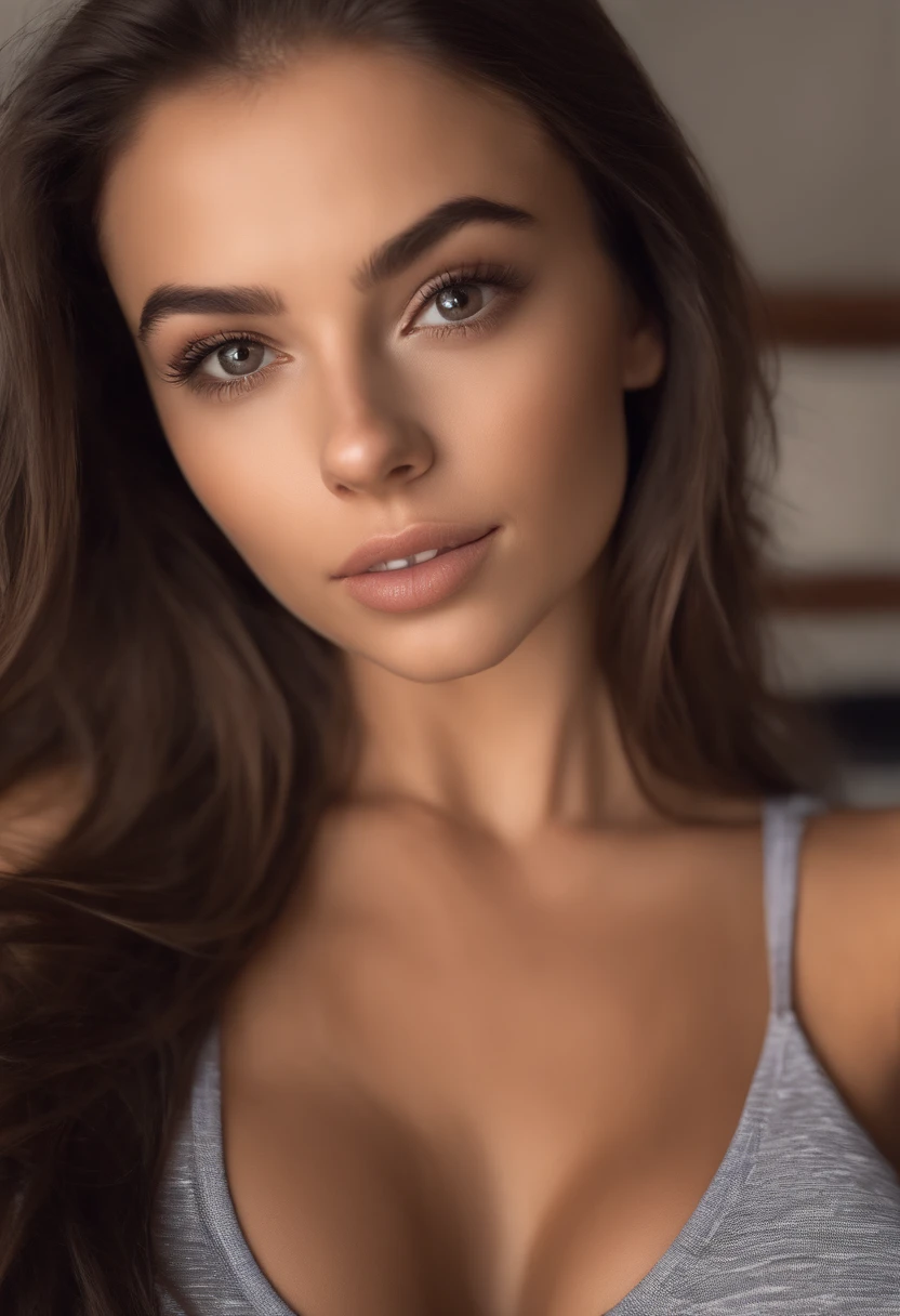 cute, beautiful brunette woman, hispanic, with matching tank top and panties, sexy girl with brown eyes, portrait sophie mudd, brown hair and large eyes, selfie of a young woman, bedroom eyes, violet myers, without makeup, natural makeup, looking directly at the camera, face with artgram, subtle makeup, stunning full body shot, in bedroom, cleavage