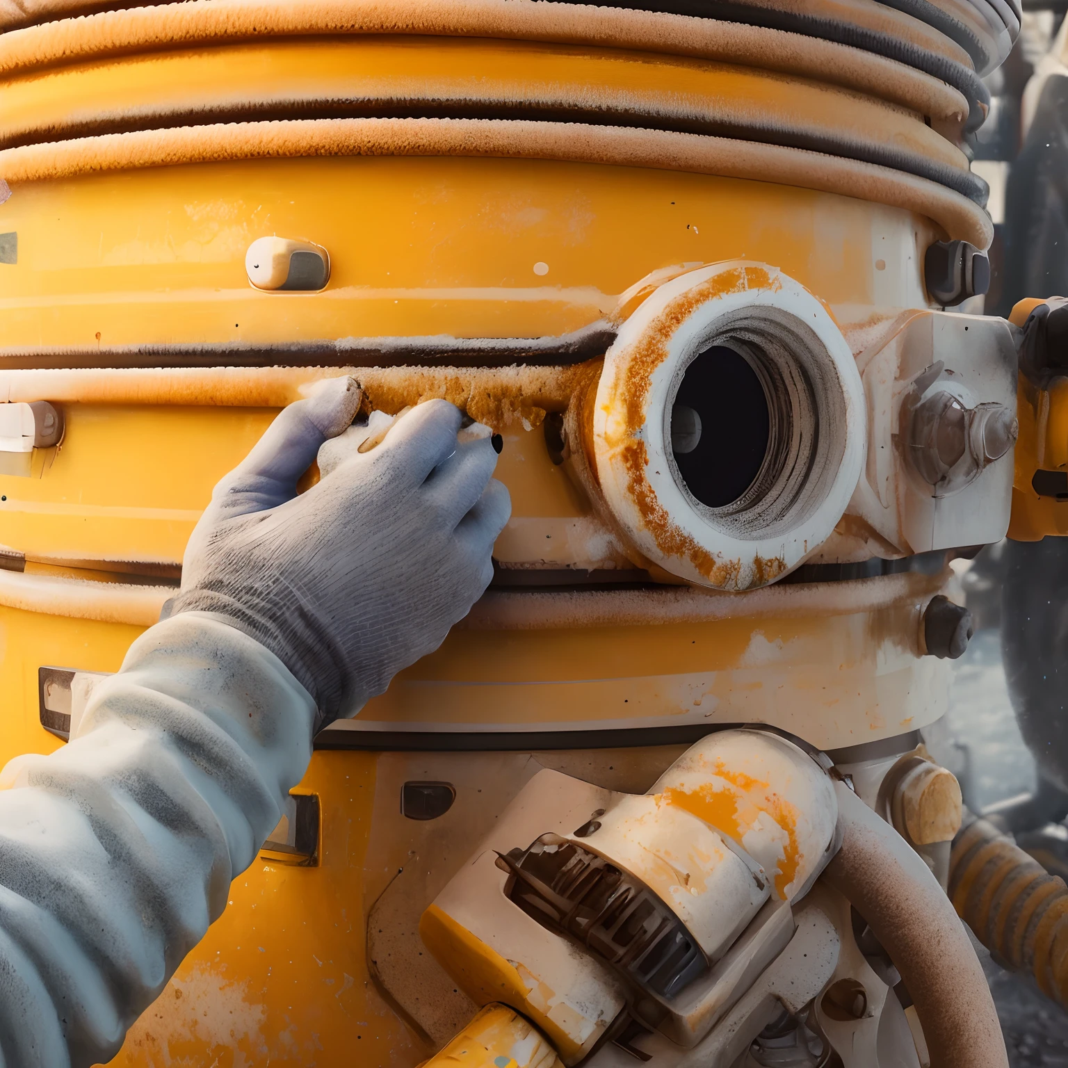 a close up of a gloved hand putting a hose on a yellow fire hydrant, beeple. hyperrealism, inspired by Filip Hodas, inspired by Beeple, realism | beeple, beeple |, beeple and mike winkelmann, beeple colors, beeple daily art, beeple!!