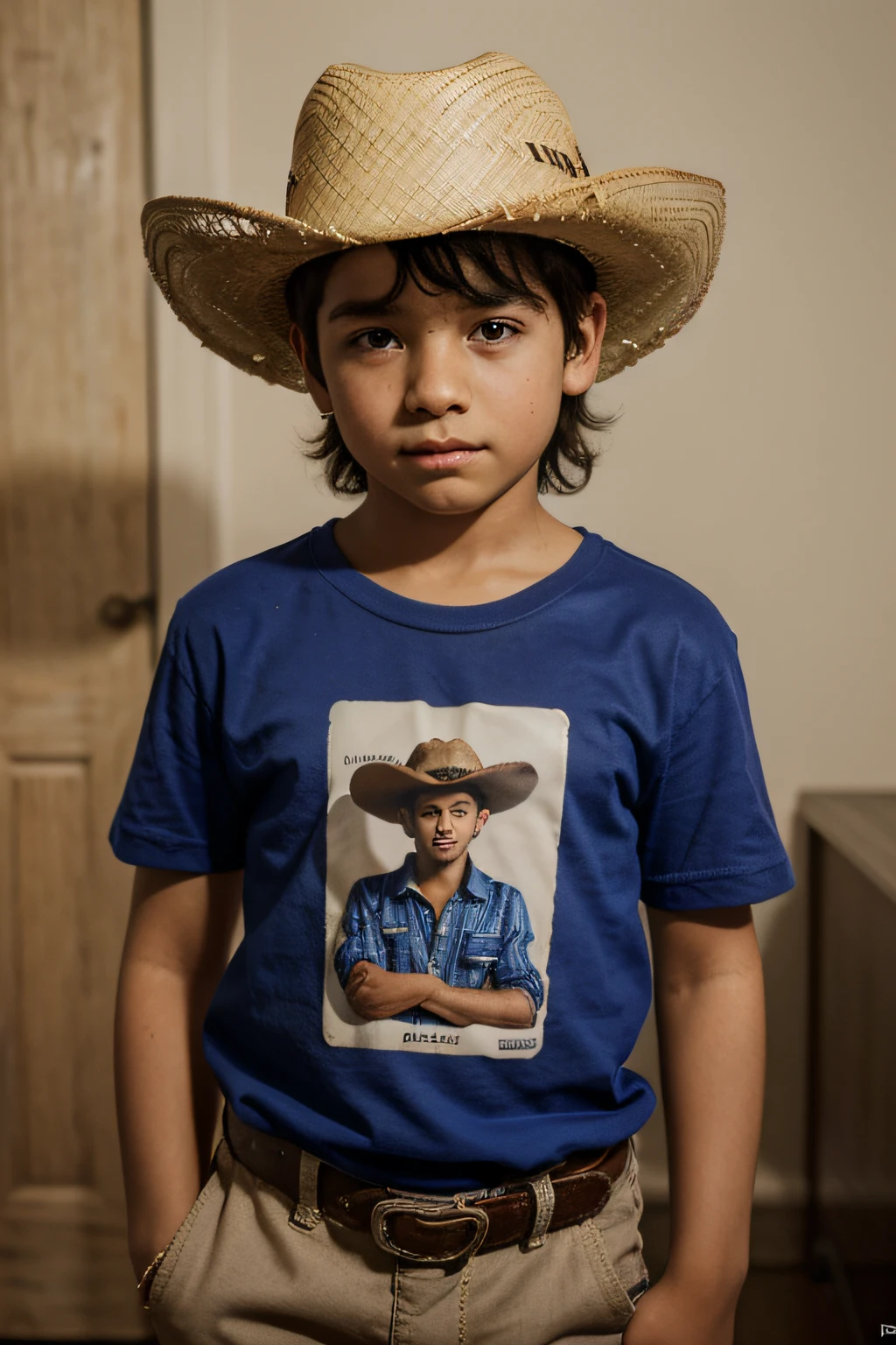 menino de 10 anos, garoto do sexo amsculino, usando camisa xadrez, cowboy hat, retrato hiper realista