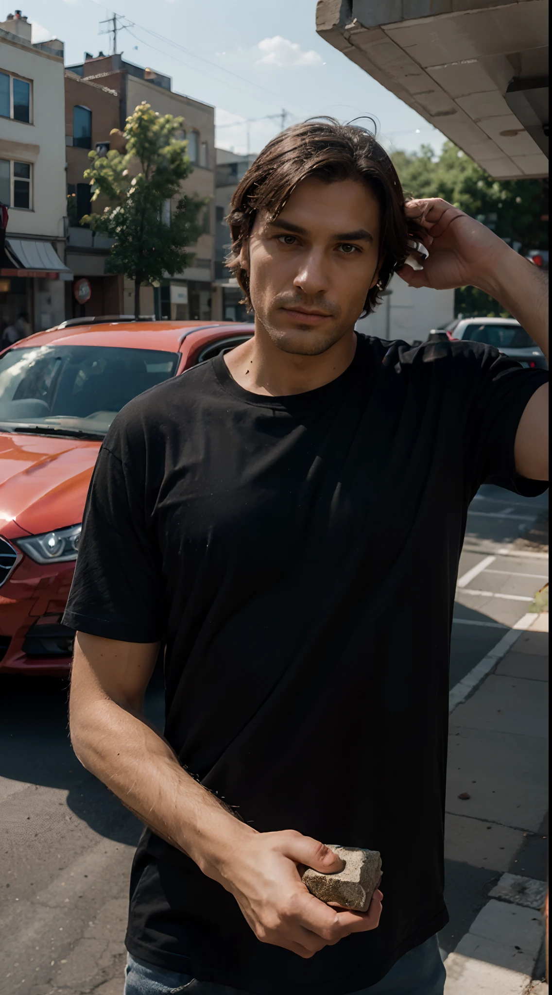High detail, Super Detalhe, super high resolution, Tall man in a black shirt with tilojo in his left hand he throws this brick at a red car that is passing next to him