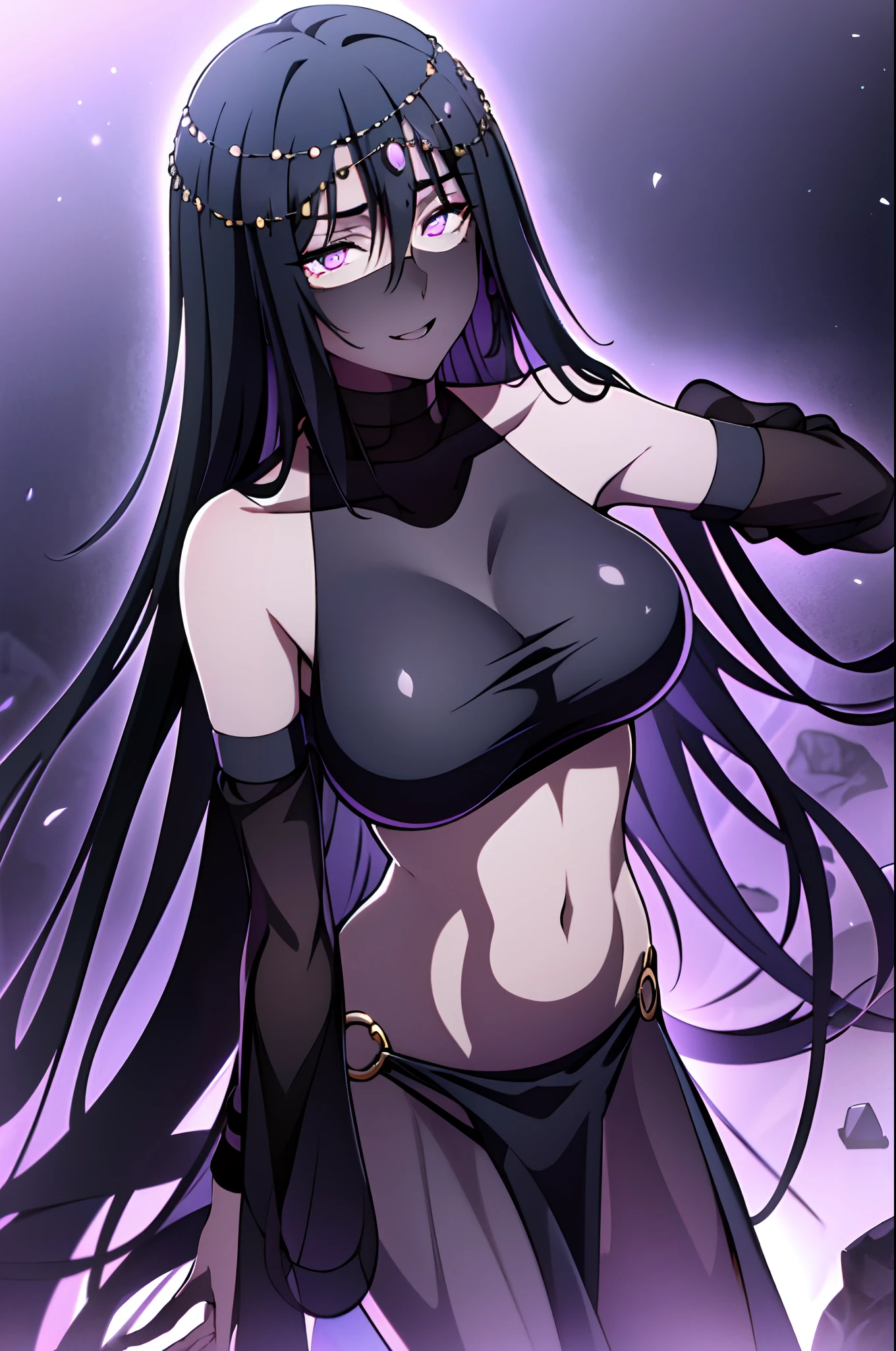 black shiny hair,purple eyes,glowing eyes,shadows beneath eyes,long hair,half closed eyes,bare midriff,navel,ferronnières,black transparent veil,black slaveless top,black velvet hip scarf,golden nec