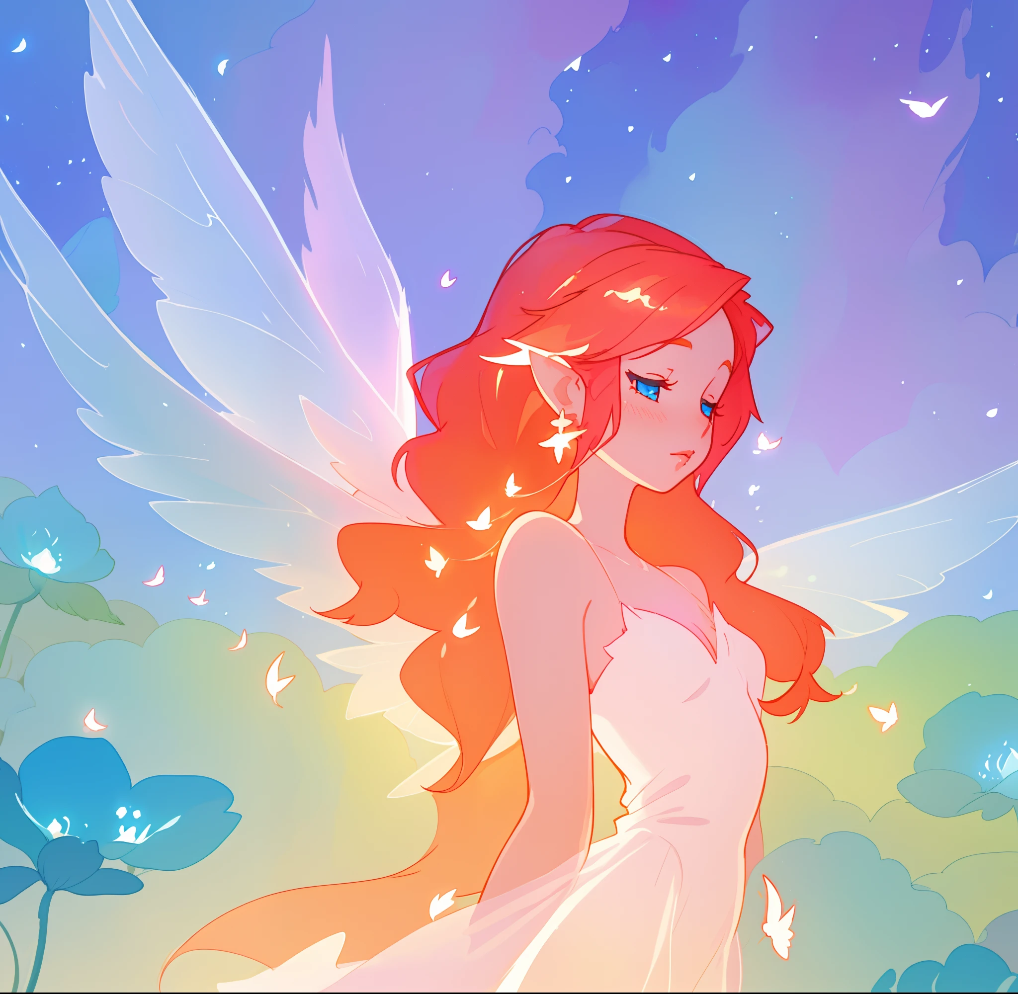 beautiful fairy girl in flowing white dress, fairy dress, fairy queen, (glowing fairy wings), long red hair, sparkling fairy wings, watercolor illustration, inspired by Glen Keane, inspired by Lois van Baarle, disney art style, by Lois van Baarle, glowing aura around her, by Glen Keane, jen bartel, glowing lights! digital painting, flowing glowing hair, glowing flowing hair, beautiful digital illustration, fantasia otherworldly landscape plants flowers, beautiful, masterpiece, best quality, anime disney style