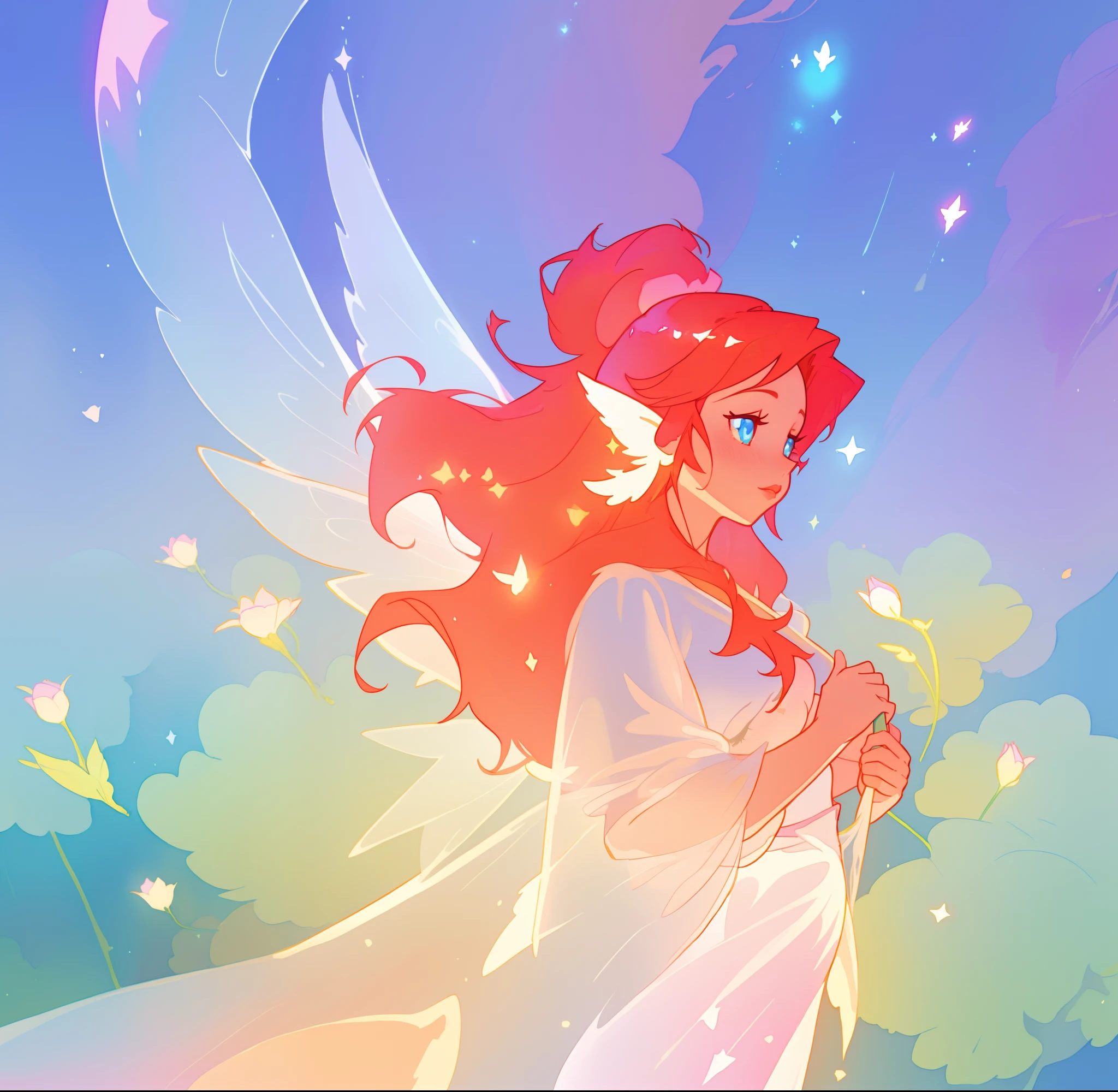 beautiful fairy girl in flowing white dress, fairy dress, fairy queen, (glowing fairy wings), long red hair, sparkling fairy wings, watercolor illustration, inspired by Glen Keane, inspired by Lois van Baarle, disney art style, by Lois van Baarle, glowing aura around her, by Glen Keane, jen bartel, glowing lights! digital painting, flowing glowing hair, glowing flowing hair, beautiful digital illustration, fantasia otherworldly landscape plants flowers, beautiful, masterpiece, best quality, anime disney style