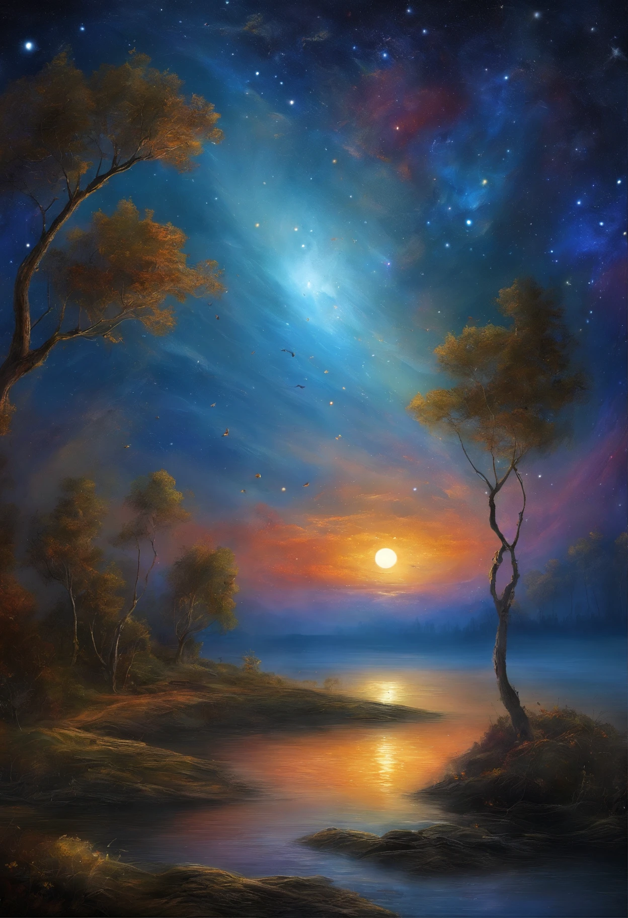 The night sky with the moon and a lot of stars is combined with the ocean,Fine portrayal,Beautiful,glomy,Pubic area is clear,be full of details,epic sense,Colorful,Beautiful sky and clouds,A deep,Dark blue,starlights,The picture is dim,horrid,Impresionismo,ultra-clear,estilo fantasia,scifi style,Monet,davinci,albert.Bierstadt,William.Turner