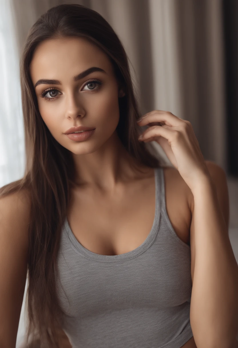 cute, beautiful brunette woman, hispanic, with matching tank top and panties, sexy girl with brown eyes, portrait sophie mudd, brown hair and large eyes, selfie of a young woman, bedroom eyes, violet myers, without makeup, natural makeup, looking directly at the camera, face with artgram, subtle makeup, stunning full body shot, in bedroom, cleavage