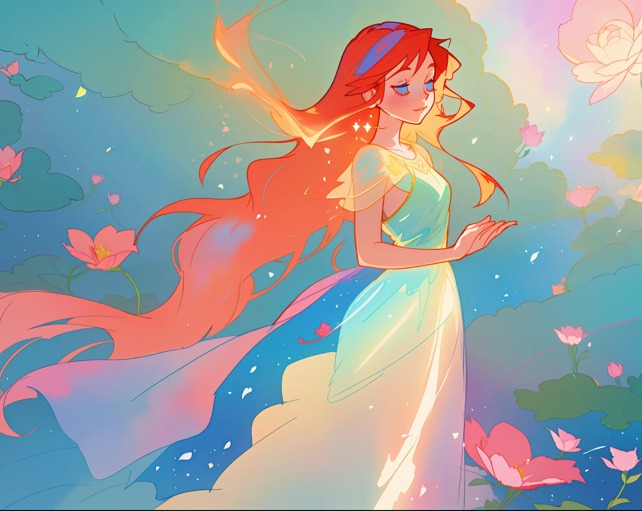 beautiful girl in flowing shimmering dress, fairy dress, long red hair, magical, whimsical, watercolor illustration, flowers and colorful plants, inspired by Glen Keane, inspired by Lois van Baarle, disney art style, by Lois van Baarle, glowing aura around her, by Glen Keane, jen bartel, glowing lights! digital painting, flowing glowing hair, glowing flowing hair, beautiful digital illustration, fantasia otherworldly landscape plants flowers, beautiful, masterpiece, best quality, anime disney style