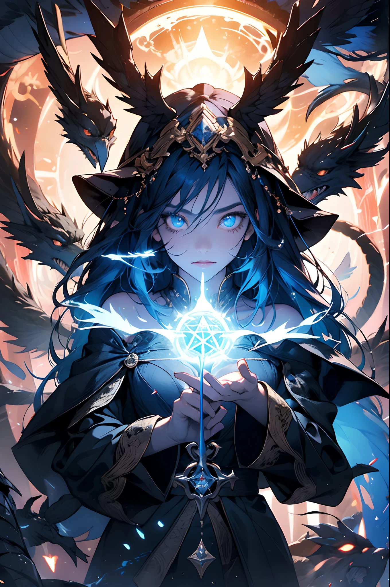 death,Blood,Night, Dark, (fantasy),unlimited,Deep blue sky,The abyss of knowledge,knowledge,((Masterpiece)), (((Best quality))),((Beautiful detailed eyes)),(eyelash),Monster,(1 girl),Blue hair,Long hair,abyss eyes,Shiny skin,oil,Small breast,(Bird body,feater),wearing rags, Zeenchi,elf,Extremely detailed Cg Unity 8K wallpaper,Masterpiece, ((Ultra-detailed)), ((illustration)),Colorful,the wallpaper,energy,Unknown terror,Arcane,Around the magic,Magic surrounds,wands,book,The pages of the book flew all over the sky,Know it all,Predicting the future,Learn about the past,Infinite wisdom,Blue Flame,Warlock,Magical Circle,pentacle,incantation,mantra,Singing magic,
