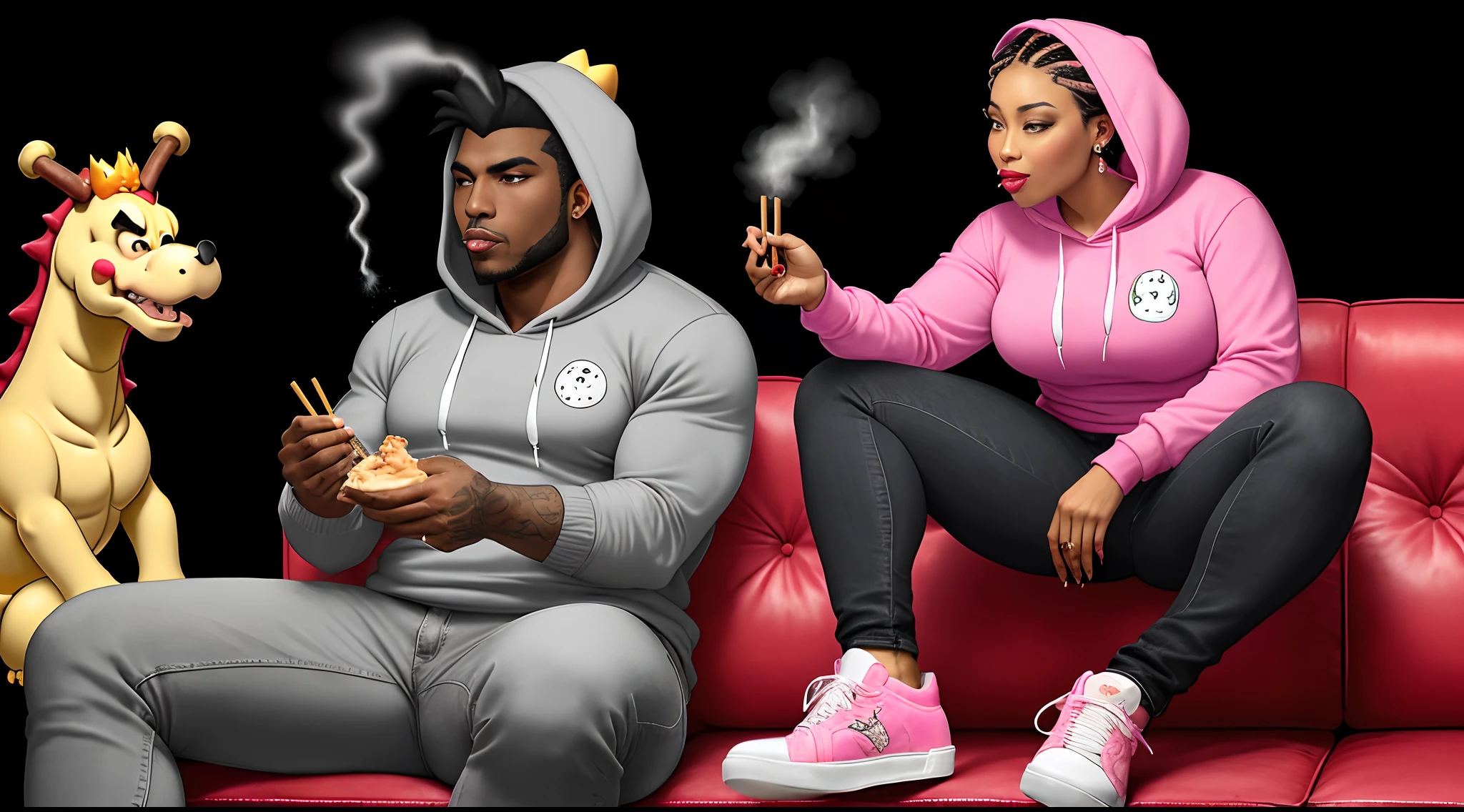 curvy brown skinned female with long braids wearing a pink and black hoodie, black jeans with rips in the thighs and pink and black sneakers and a cigar in one hand, sitting on a dark skinned Bowser lap on a black couch. bowser is wearing a blue and grey polo shirt and black jeans with blue and grey sneakers. princess peach is feeding him dumplings with chopsticks. a black and grey sparkly background