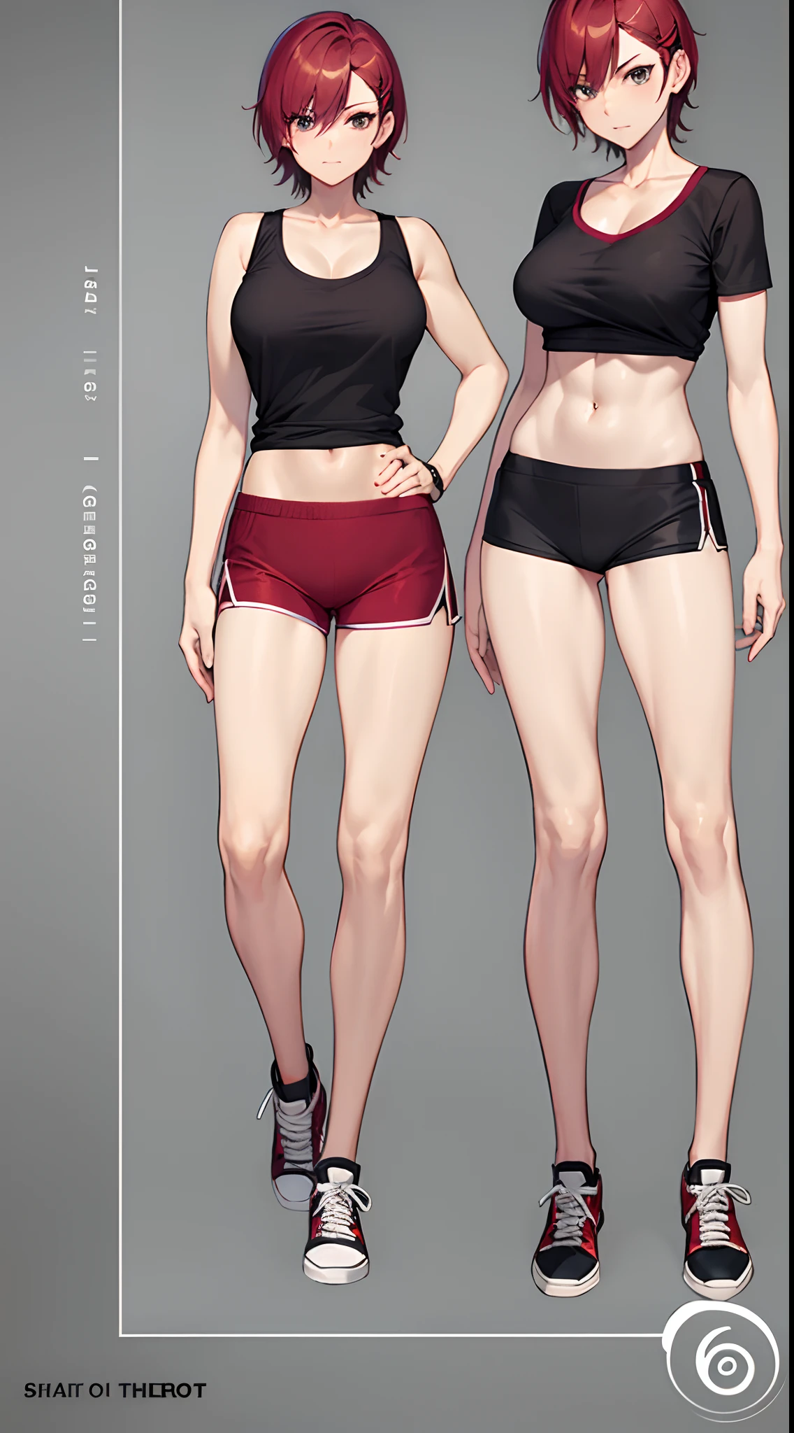 (CharacterSheet), (full body, reference sheet), Vtuber reference pose, character A-poses, ( 1 girl ), red hair, cool looking woman, short hair, tomboy, mature woman, expressive eyes, relax, (perfect female proportions), (very large breasts), (((women sling top, v-neck sexy red))), (((casual sport shorts, workout shorts))), long legs, skinny legs, slim hips, wear Converse shoes, tomboy, milfication, mature female, simple pose, for reference sheet, warm tone, casual clothes, masterpiece, best quality