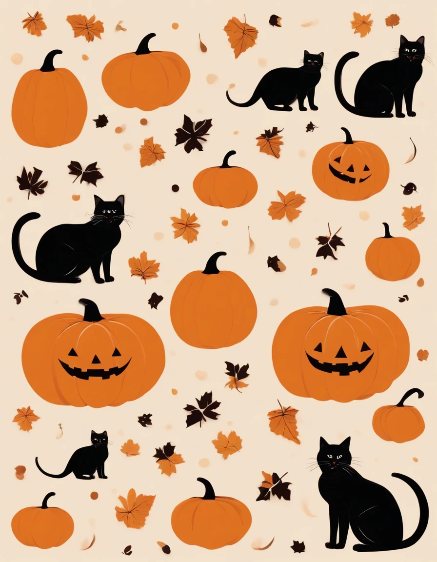 Create an image with an orange background featuring small pumpkins and a black cat sitting together in a friendly manner. Both should be smiling, and sprinkle around them various cheerful Halloween icons