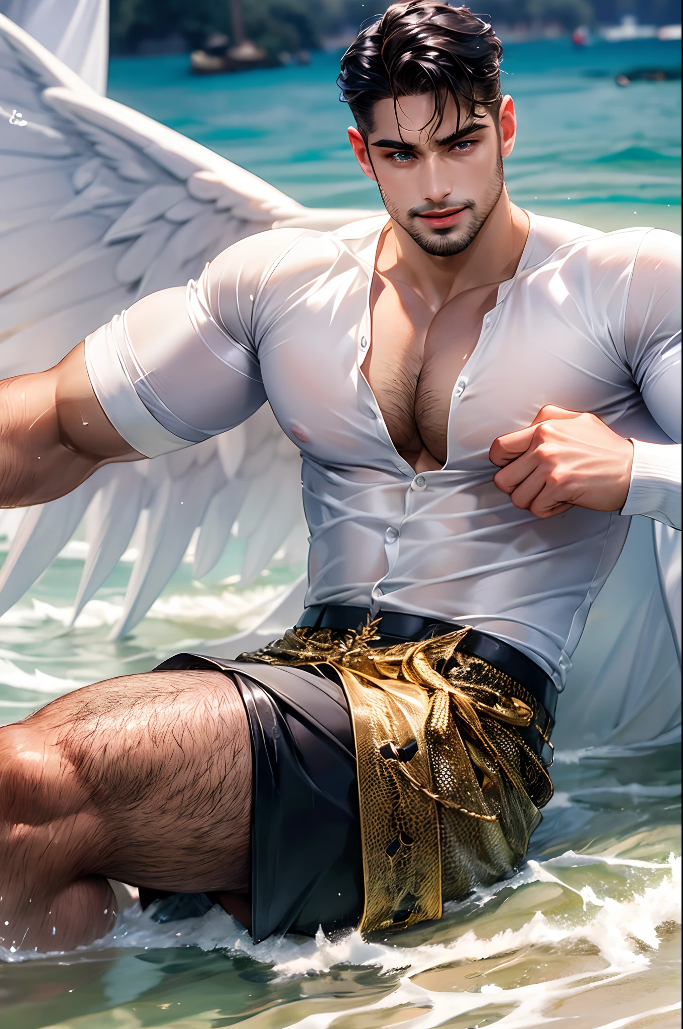 Handsome man with Latin mulatto skin and attractive features, tanned skin tone, dark blue eyes with friendly expression, huge white wings coming out of his back, thick muscles, medium long men's haircut, black brown hairstyle, small beard, dressed casual and fashionable red clothes, beautiful tattoos all over the body. Only Heterosexual.