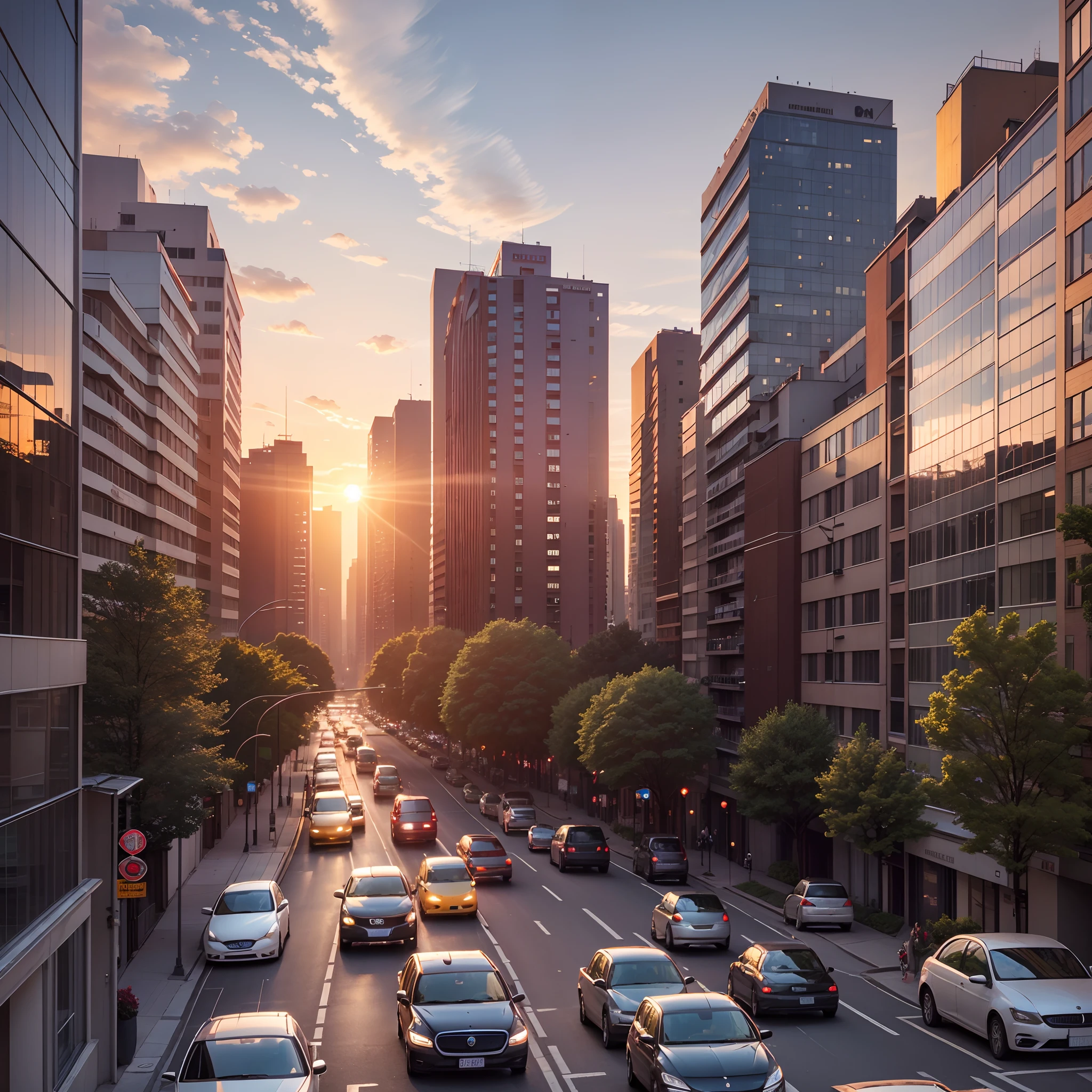 avenue with buildings and houses in perspective, cars and buses traveling on the avenue, people walking on the sidewalks, sunset in the distance from the avenue, realistic photo --auto --s2