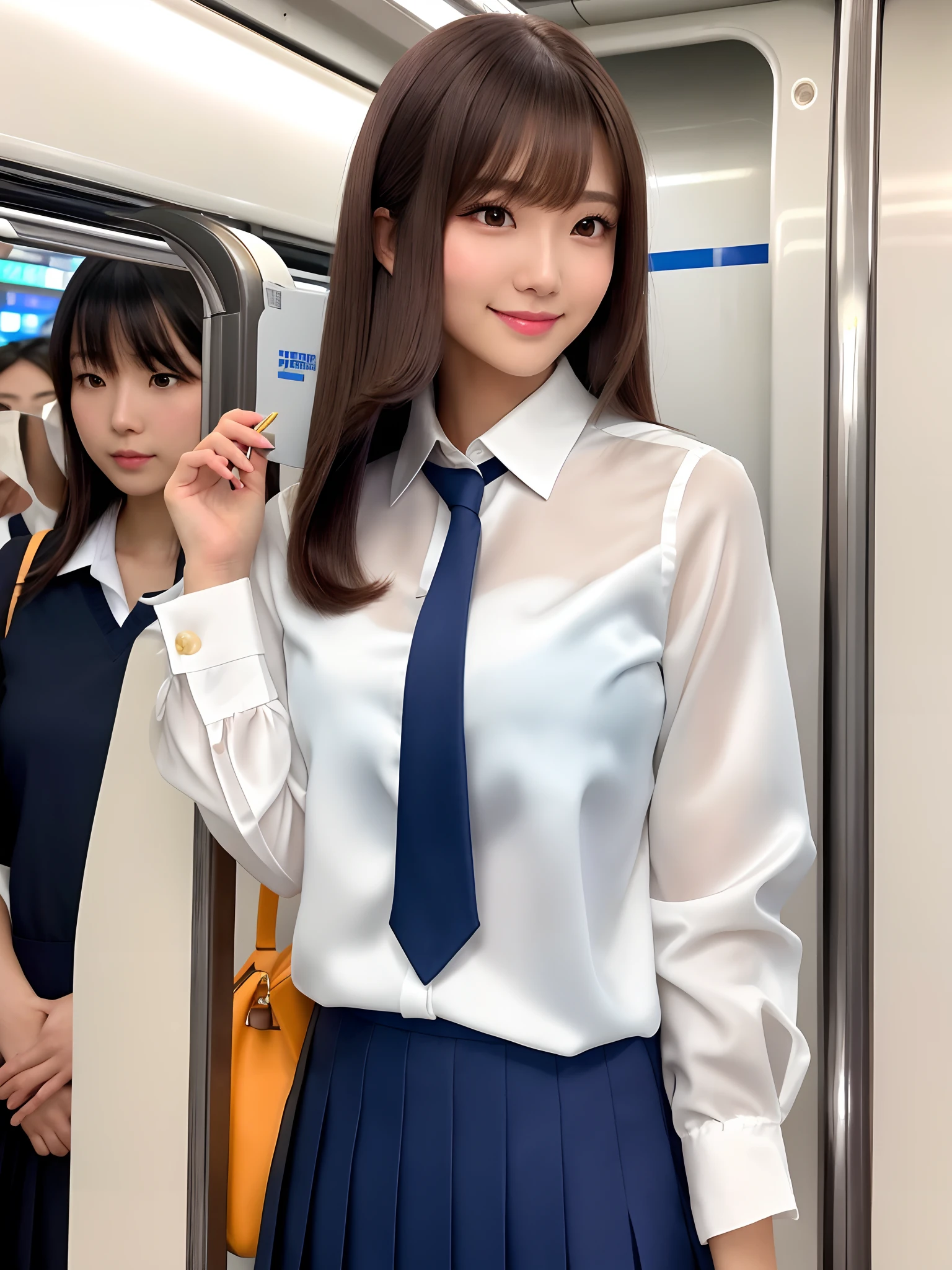 product quality, 1girl, upper body shot, front view, a Japanese young pretty woman, long bob hair, standing with a big smile in a crowded train in the sunset, a school bag over her shoulder, glamorous figure, wearing a long sleeve white collared silky satin shirt with shiny satin dark blue plain long tie, wearing a dark blue pleated long skirt, hyper cute face, glossy lips, double eyelids in both eyes, natural makeup, long eyelashes, shiny smooth light brown long bob hair, asymmetrical bangs, a tanned skin, central image, high resolution, high detail, detailed hairstyle, detailed face, spectacular cinematic lighting, octane rendering, vibrant, hyper realistic, perfect limbs, perfect anatomy