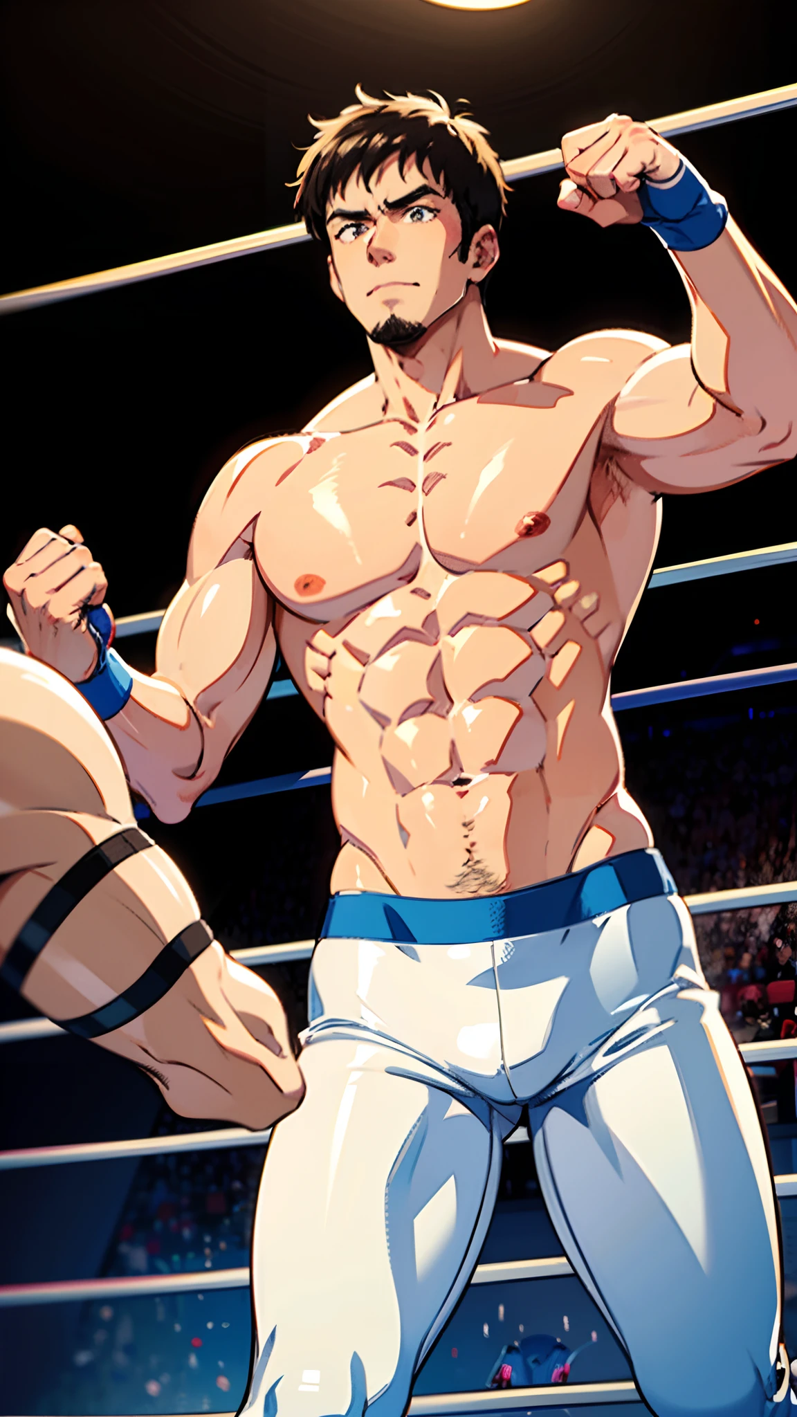 8K,high quality,anime,Muscle man, wearing skin-colored crested wrestler mask, white pants, muscular body, wrestling ring in background,