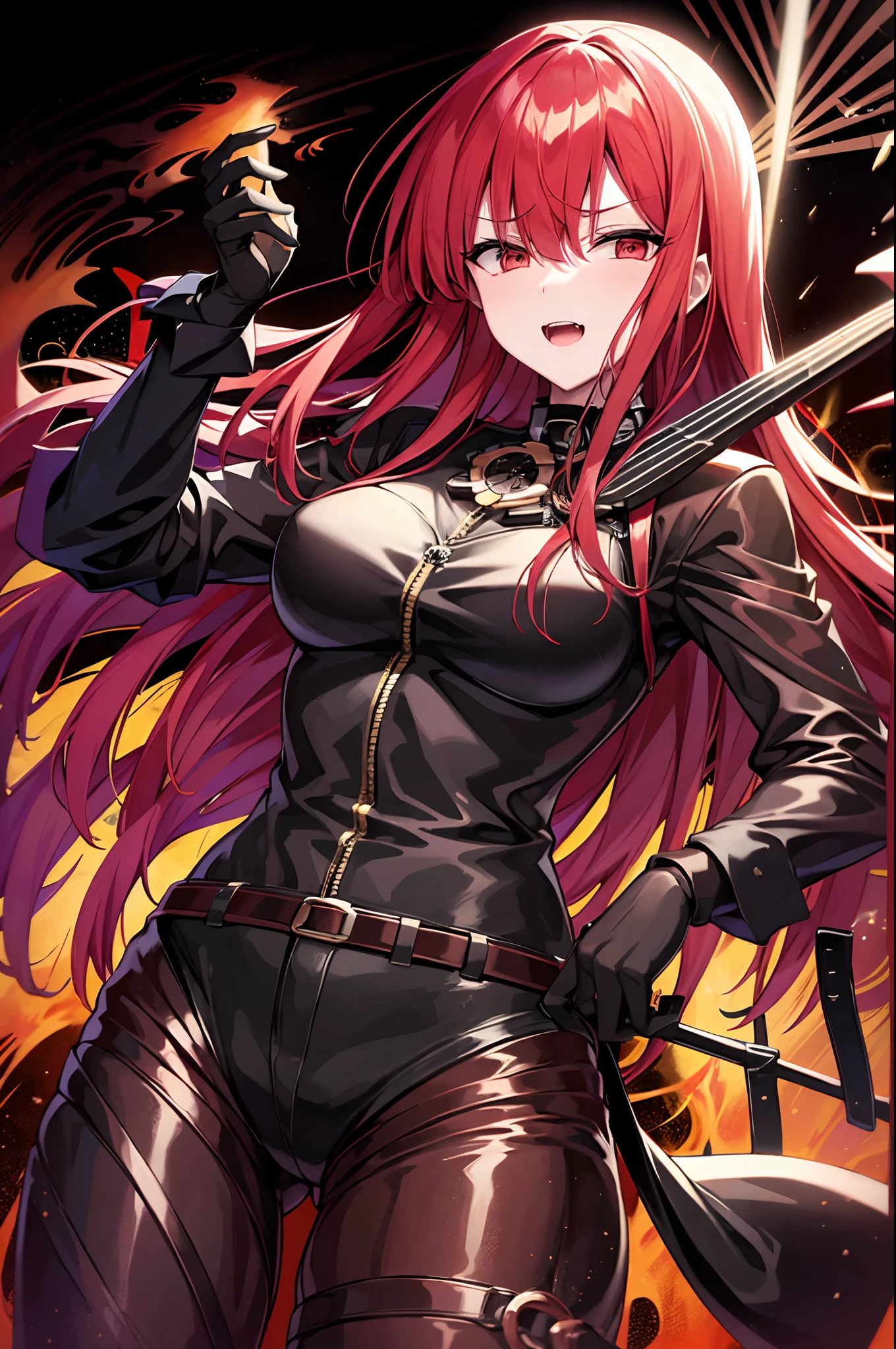 mulher, red hair, Cabelos Longos, anime, seios, Olhos vermelhos, Comics, sozinho, cabelo sobre um olho, cabo, Rockeira, franja, seios grandes, sorrir, tocando baixo eletrico, Electric bass instrument in your hands, electric bass, baixo eletrico completo de 4 cordas, os dedos dela (Playing electric bass, Have an electric bass, 4 cordas), foto de corpo inteiro.