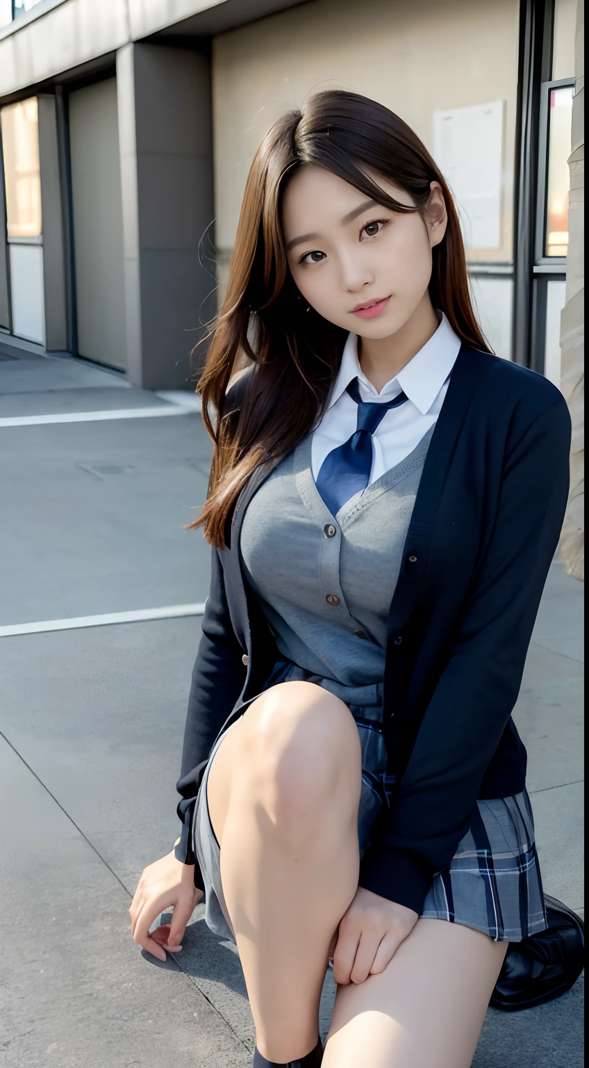 mix4, (16 K, Raw photography, Top image quality, masterpiece: 1.45), (realisitic, Photorealsitic: 1.37), one girls, cute little, A city scape,, profetional lighting, photon maping, School Grounds, physically-based renderingt, dark brown hair,pony tail hairstyle, a handsome, Well-groomed and beautiful eyes、二重まぶた、girl with, (((School Uniform Blazer、Long sleeve shirt worn by Japan high school girl、Cardigan、neck tie、Dark blue mini skirt,、Dark blue socks、Black loafers))), Top Quality Photos, hight resolution, 1080p, (clearface), (Detailed face description), (Detailed hand description), (masterpiece), (Exquisite CG)、extreme light and shadows、dishevled hair、master work、abundant detail、(Fine facial features)、(top quality photo)、(masuter piece)、(A detailed eye)、Look in front of you、Fine clavicle、((Slender big))、(((Japan schoolgirl wears a long-sleeved shirt)))、((Neat and clean idol))、((school ground、Entrance to the school building、In front of the school gate))、(Shooting from random perspectives)、(((Anyway cute)))、耳Nipple Ring、A big smile、Drawing the whole body from the knees、Do not draw nasolabial folds、(((Sports bags used by Japan schoolgirls)))、(Big breasts that hang down big:1.2)、Big buttocks with tension、Two arms and two legs、(((from the front side:0.4)))、bare hand、Left and right symmetrical eyes、
