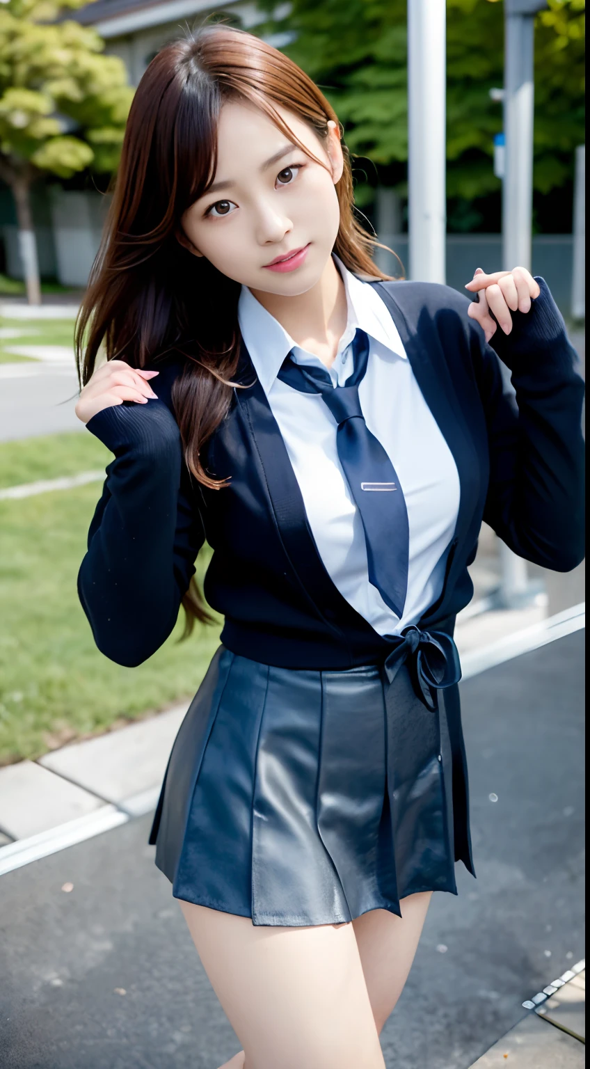 mix4, (16 K, Raw photography, Top image quality, masterpiece: 1.45), (realisitic, Photorealsitic: 1.37), one girls, cute little, A city scape,, profetional lighting, photon maping, School Grounds, physically-based renderingt, dark brown hair,pony tail hairstyle, a handsome, Well-groomed and beautiful eyes、二重まぶた、girl with, (((School Uniform Blazer、Long sleeve shirt worn by Japan high school girl、Cardigan、neck tie、Dark blue mini skirt,、Dark blue socks、Black loafers))), Top Quality Photos, hight resolution, 1080p, (clearface), (Detailed face description), (Detailed hand description), (masterpiece), (Exquisite CG)、extreme light and shadows、dishevled hair、master work、abundant detail、(Fine facial features)、(top quality photo)、(masuter piece)、(A detailed eye)、Look in front of you、Fine clavicle、((Slender big))、(((Japan schoolgirl wears a long-sleeved shirt)))、((Neat and clean idol))、((school ground、Entrance to the school building、In front of the school gate))、(Shooting from random perspectives)、(((Anyway cute)))、耳Nipple Ring、A big smile、Drawing the whole body from the knees、Do not draw nasolabial folds、(((Sports bags used by Japan schoolgirls)))、(Big breasts that hang down big:1.2)、Big buttocks with tension、Two arms and two legs、(((from the front side:0.4)))、bare hand、Left and right symmetrical eyes、