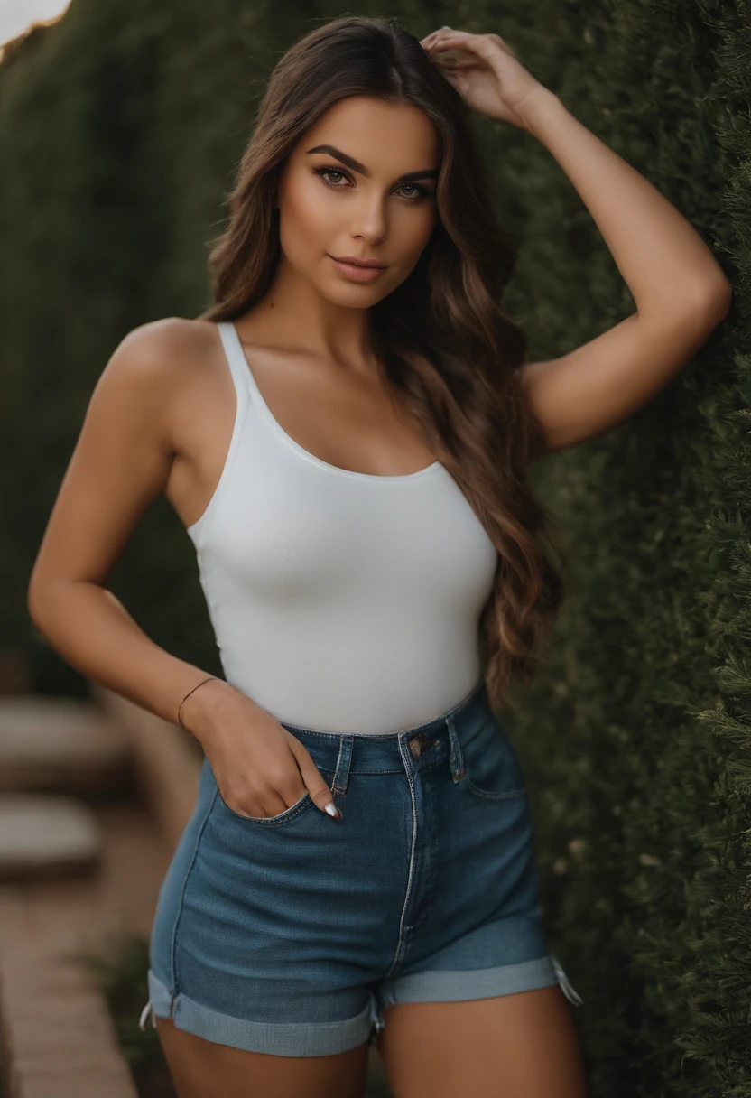 Arafed mulher em camiseta branca e colar, menina sexy com olhos verdes, Retrato Sophie Mudd, cabelos castanhos e olhos grandes, selfie de uma jovem mulher, Olhos do quarto, Violeta Myers, sem maquiagem, maquiagem natural, staring directly at camera, Rosto com ArtGram, Maquiagem fina, Foto deslumbrante de corpo inteiro, olhos verdes penetrantes, beautiful angle, pose atraente, menina doce, pose sexy, Imagem de comprimento total, corpo inteiro, Tiroteio de corpo inteiro, Deusa morena, High detail, Postura satisfeita, em uma saia cinza e botas, saia para cima, botas de joelho, praia, sol